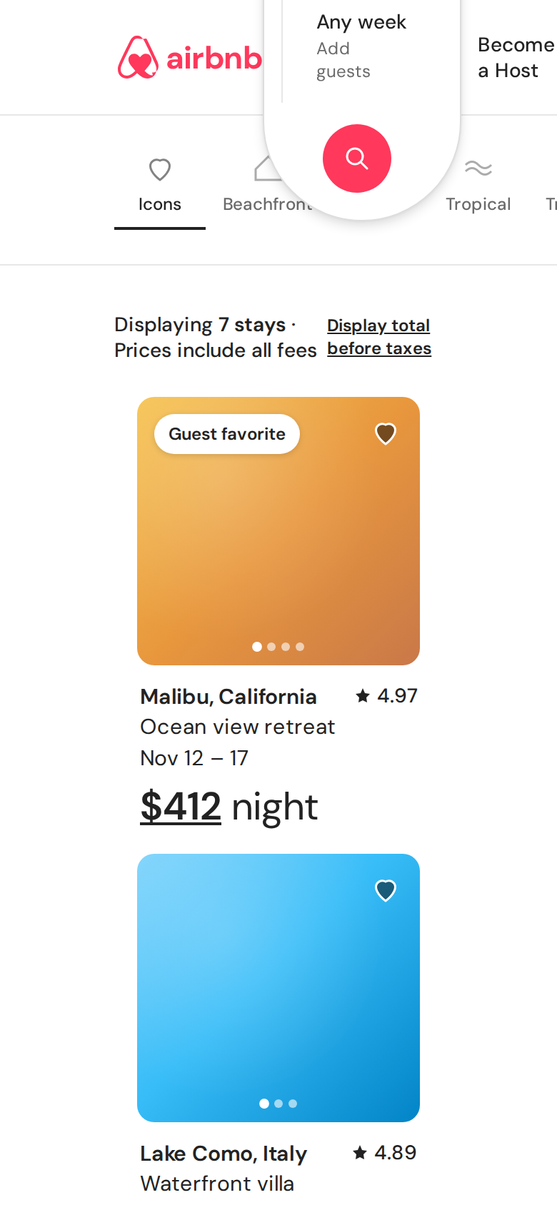 Airbnb Search results card grid (mobile-aware) (mobile)