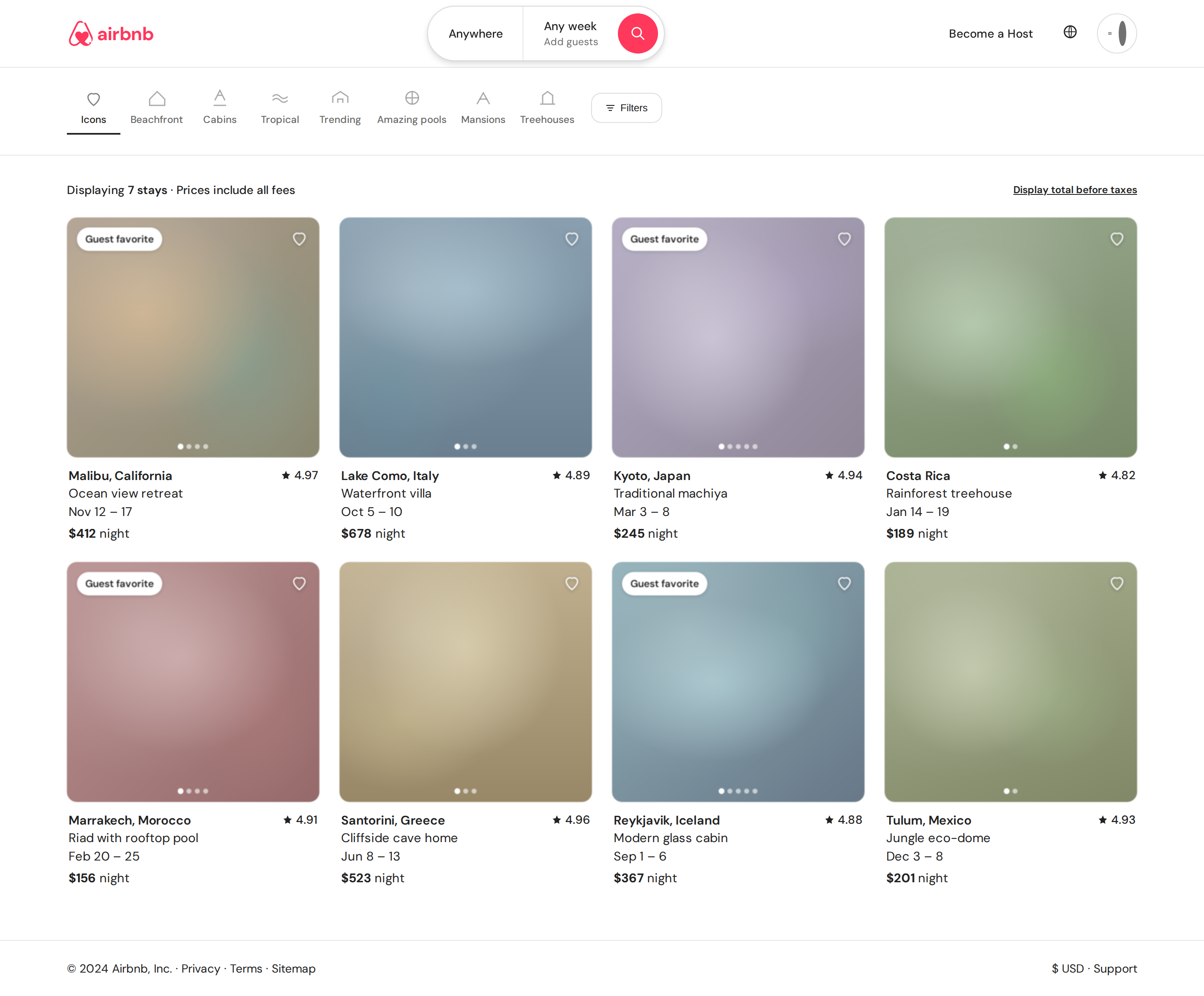 Airbnb Search results card grid (mobile-aware) (desktop)