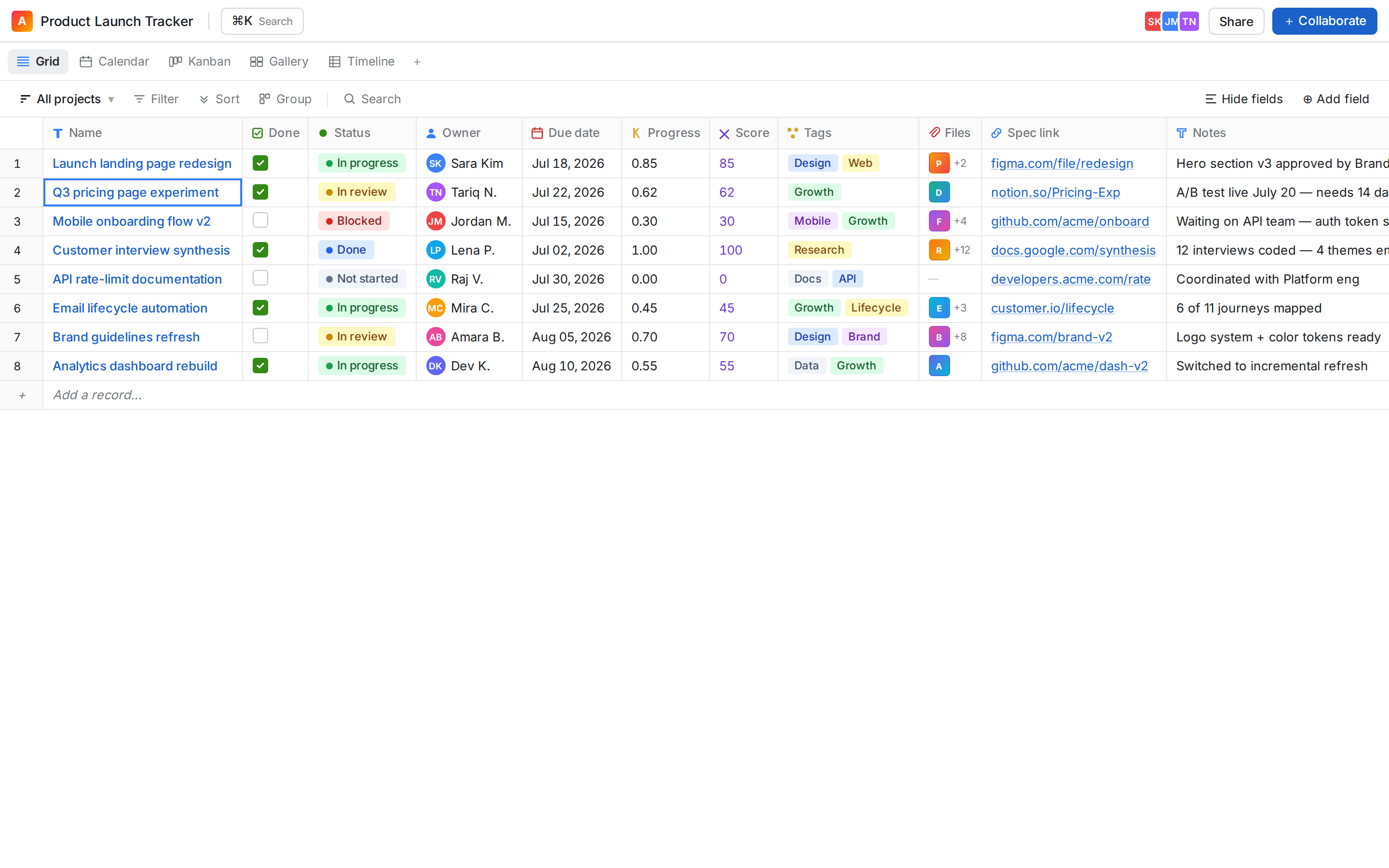 Airtable Grid view (spreadsheet database)