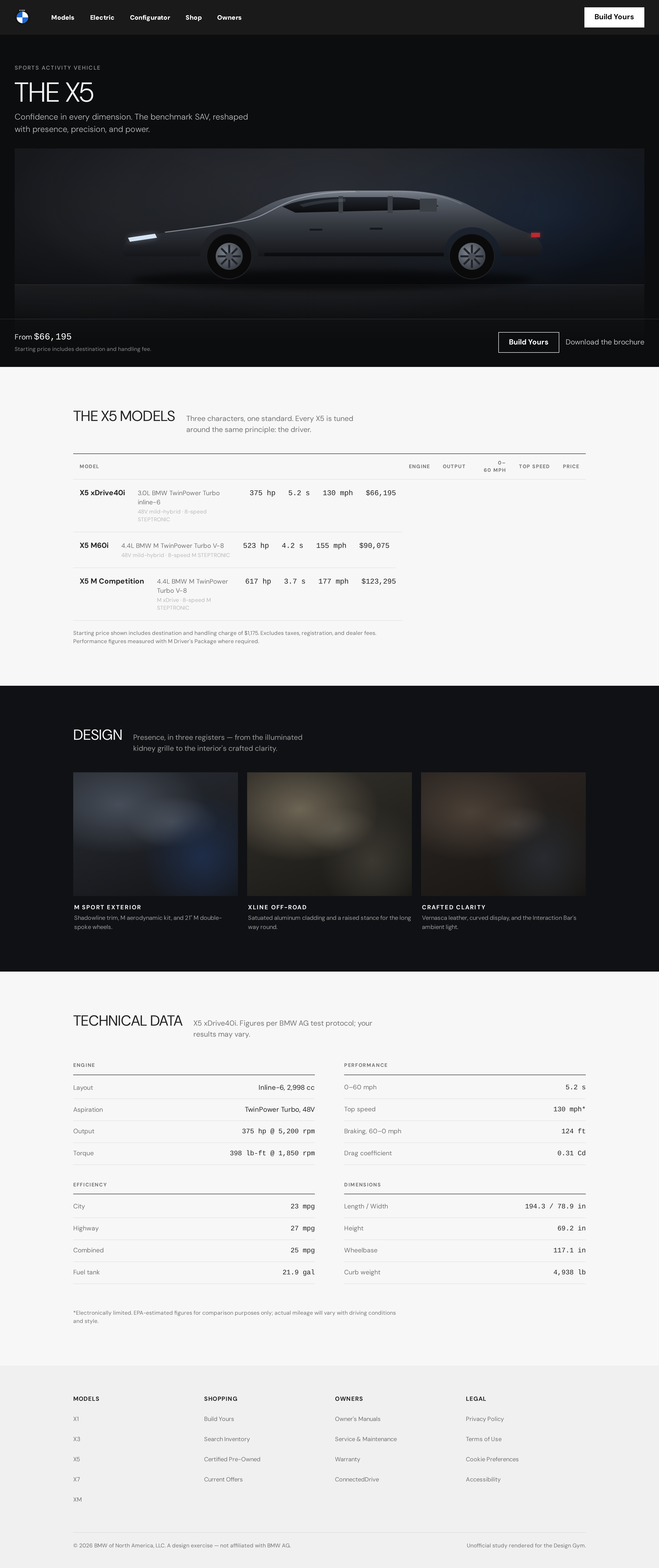BMW Model overview (cinematic hero + showroom trim table + tech specs) (desktop)