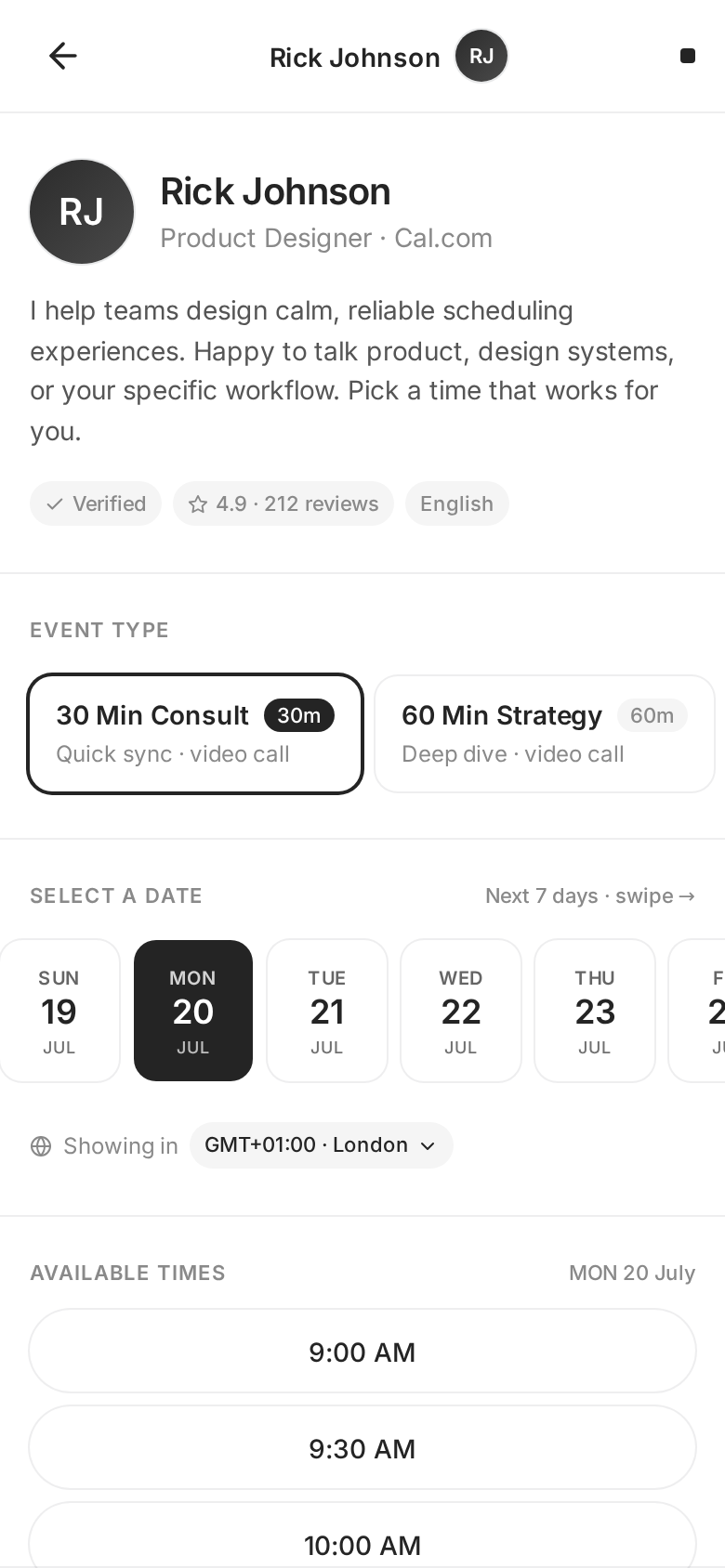 Cal.com (Mobile) Booking flow — mobile-first rebuild (horizontal date scroller, sticky CTA) (desktop)