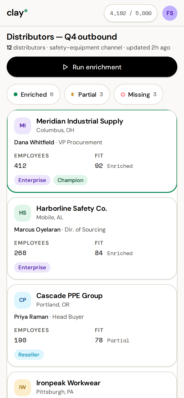 Clay Enrichment workspace re-drill (credits meter + waterfall, mobile-native) (mobile)