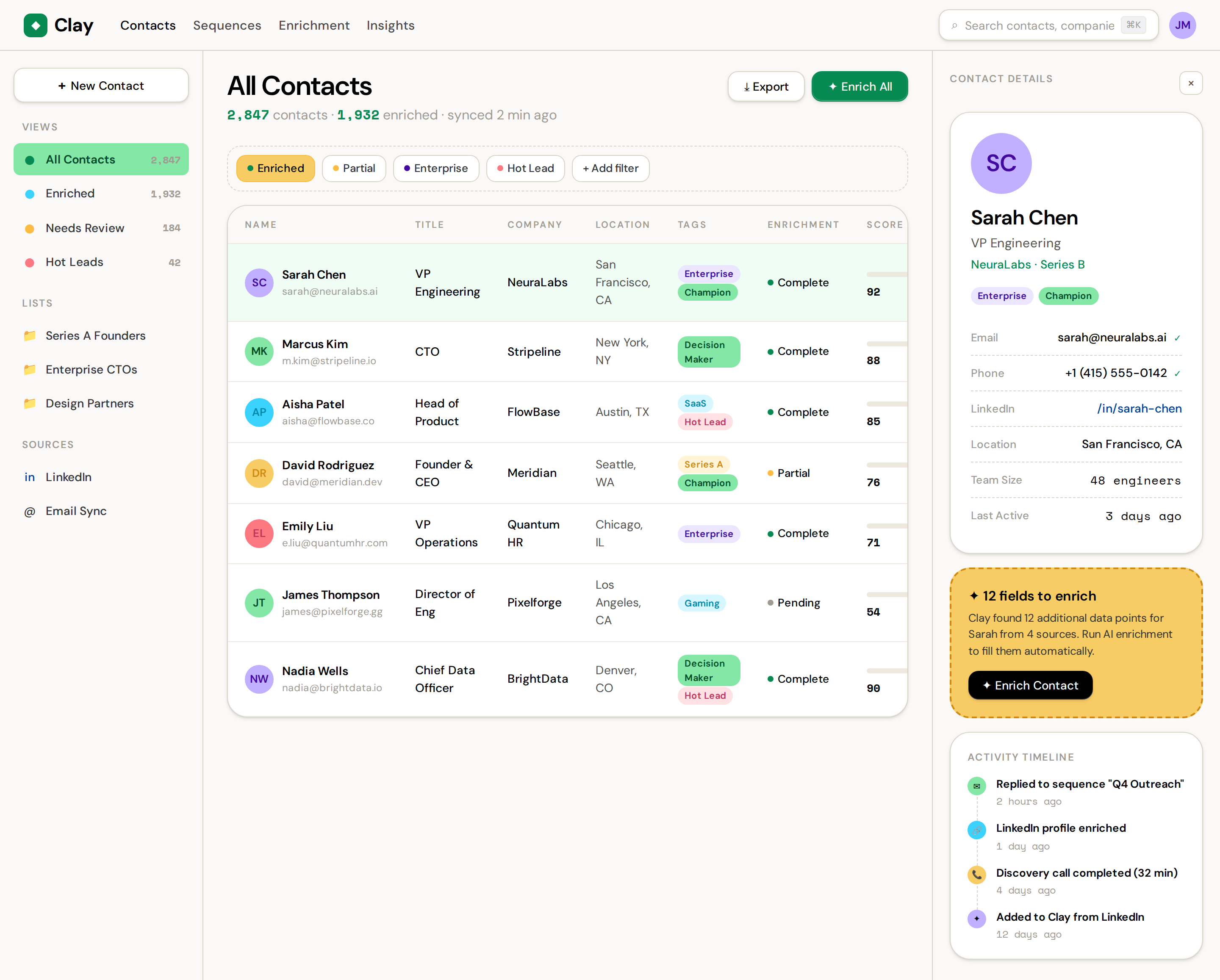 Clay CRM / contact enrichment workspace (desktop)
