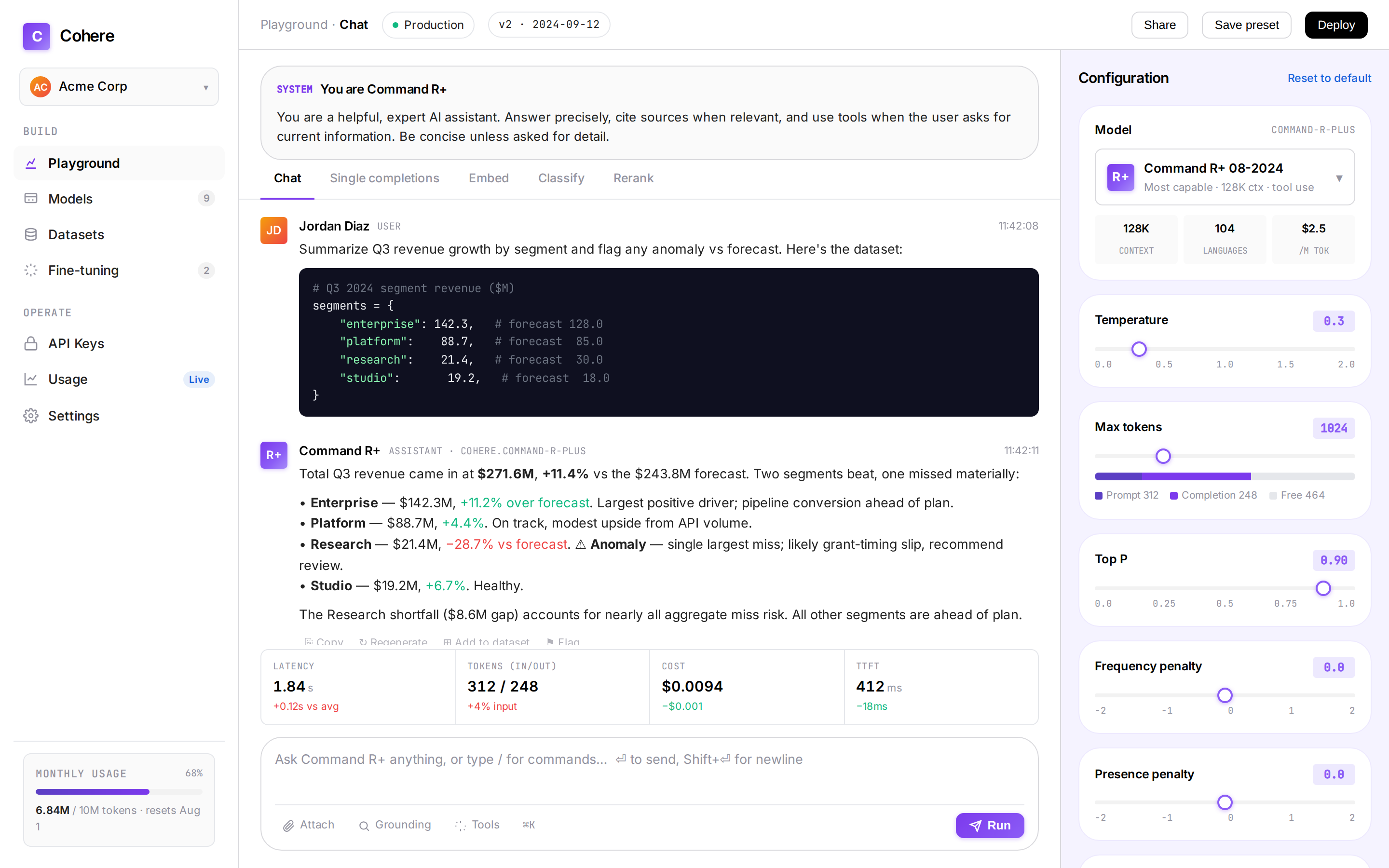 Cohere AI playground / dashboard