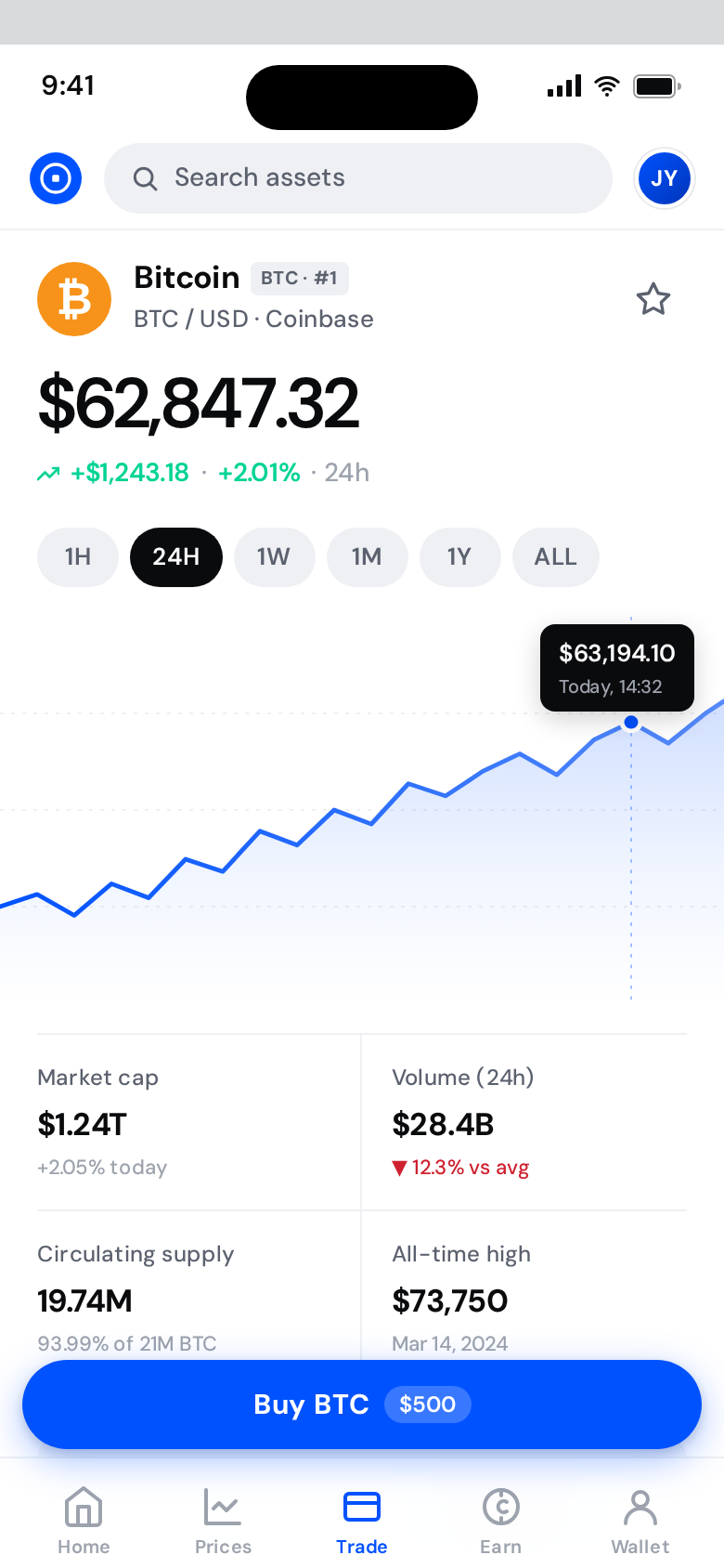 Coinbase (Mobile) Asset/trade page — mobile-first rebuild (price hero, sticky blue Buy CTA) (desktop)