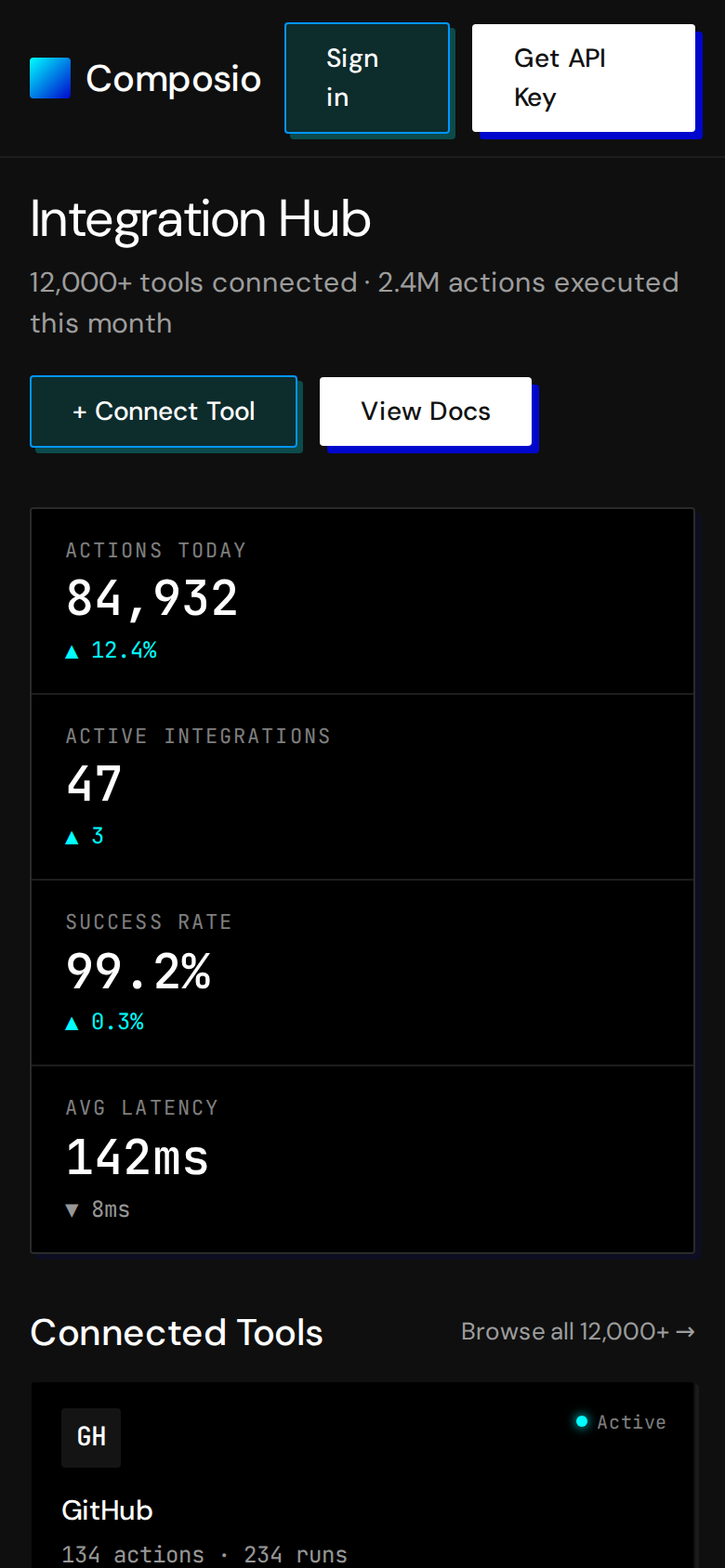 Composio Integration Hub dashboard (tool catalog + activity + code terminal) (mobile)