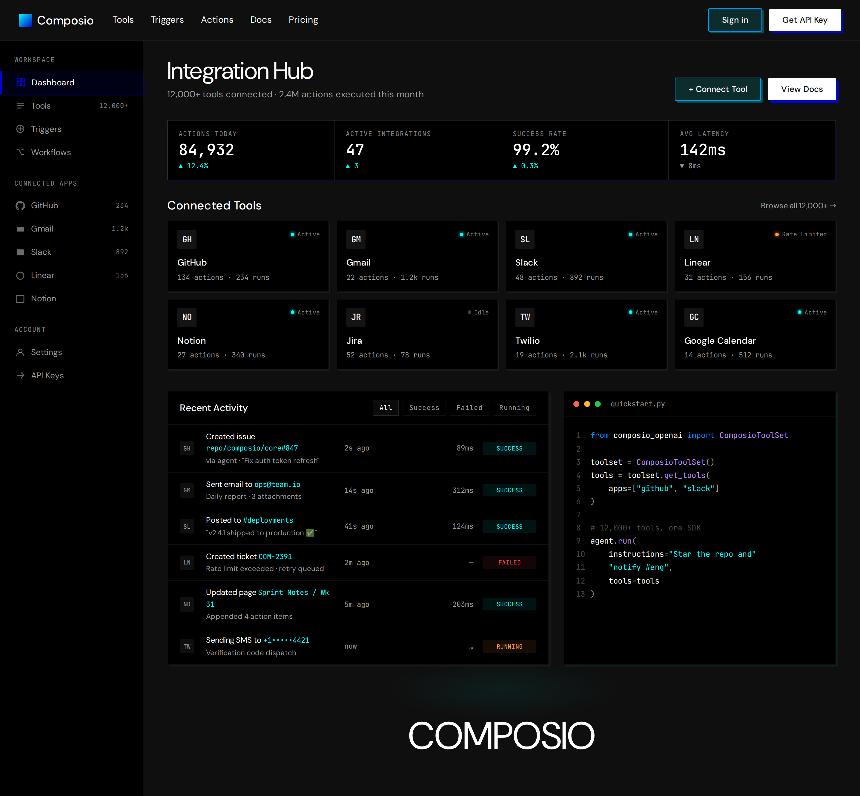 Composio Integration Hub dashboard (tool catalog + activity + code terminal) (desktop)