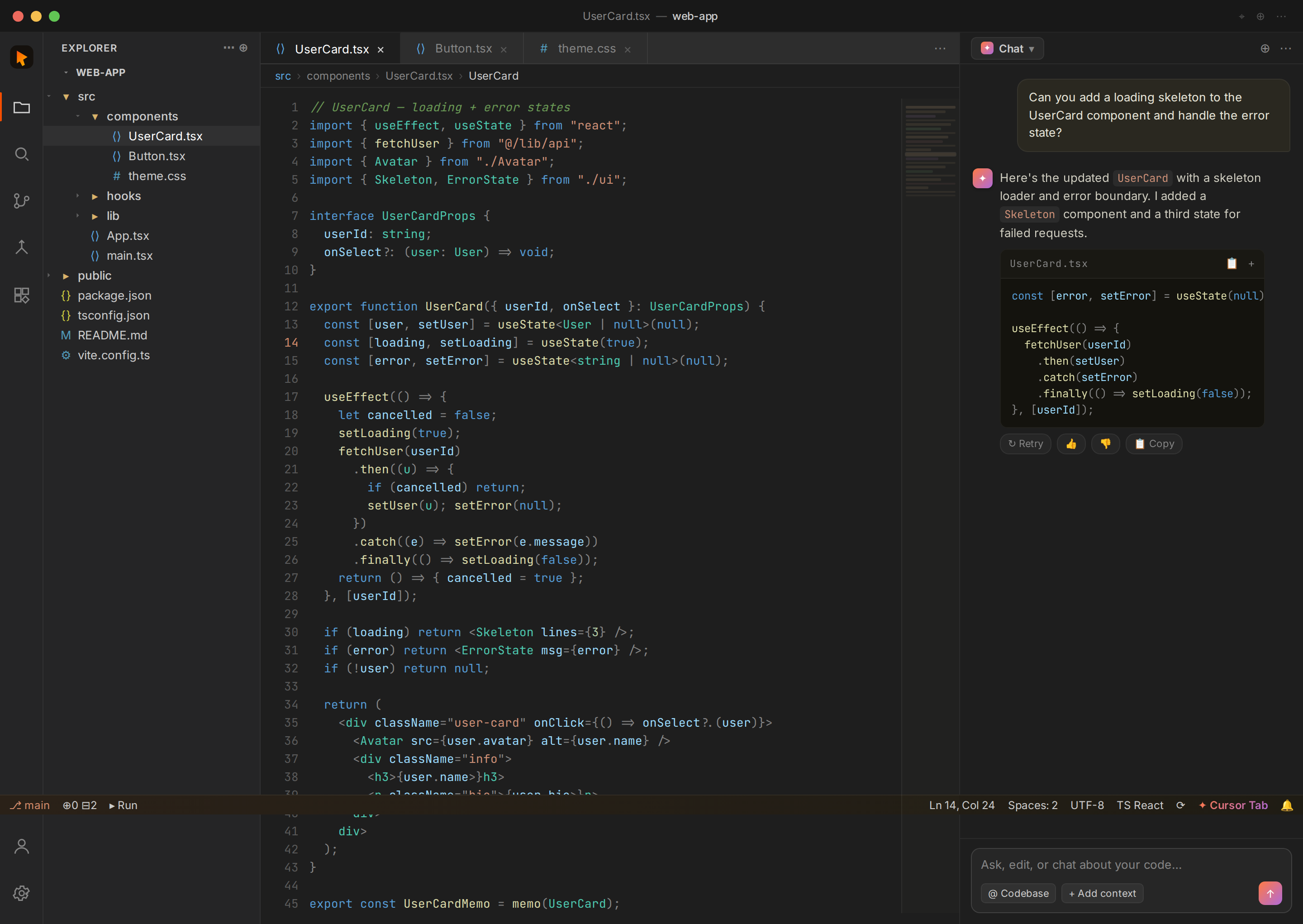 Cursor IDE editor + AI chat panel (desktop)