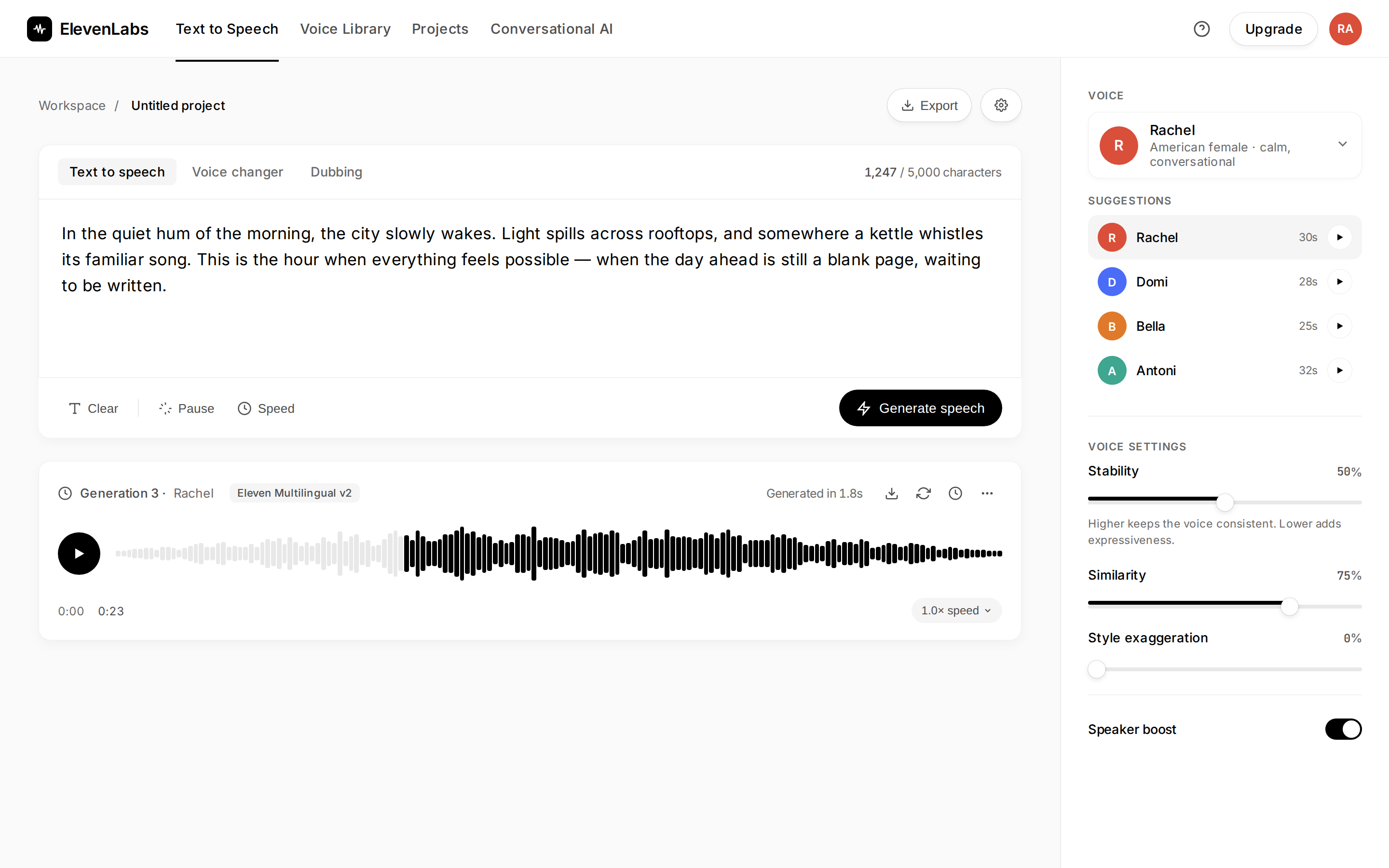 ElevenLabs Text-to-speech studio (text + voice + waveform) (desktop)