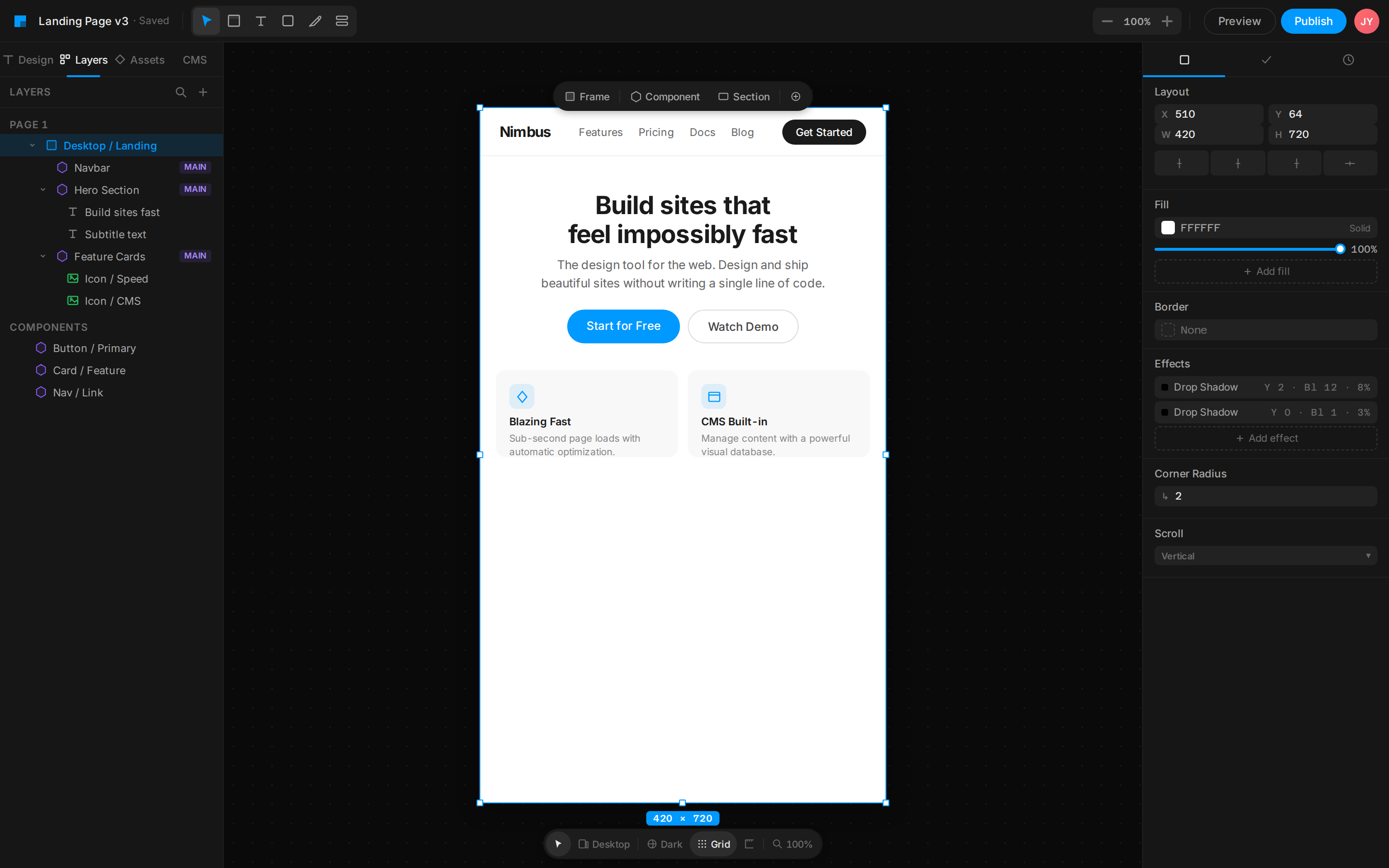 Framer Design editor (canvas + layers + inspector + toolbar) (desktop)