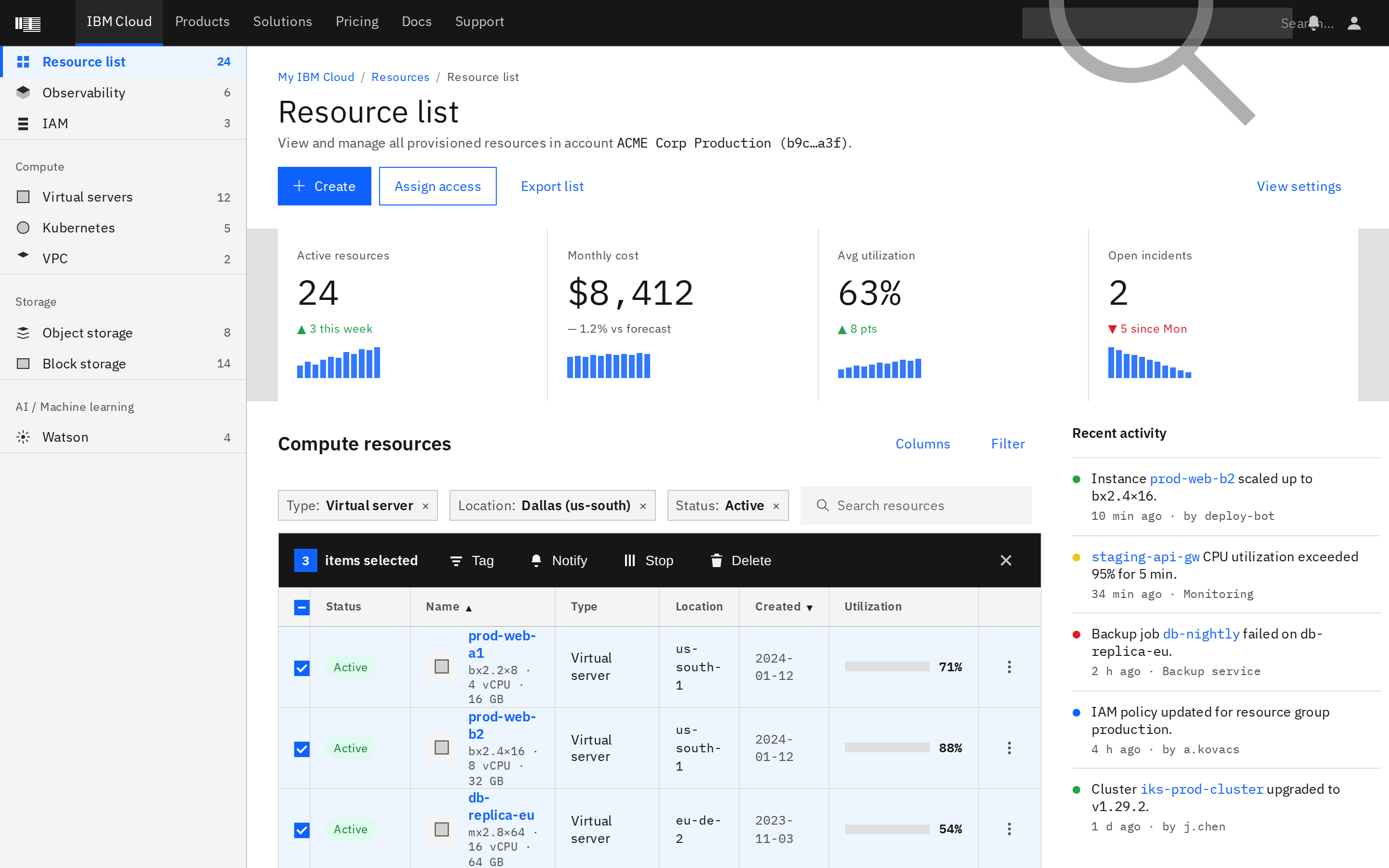 IBM Carbon Design dashboard (desktop)