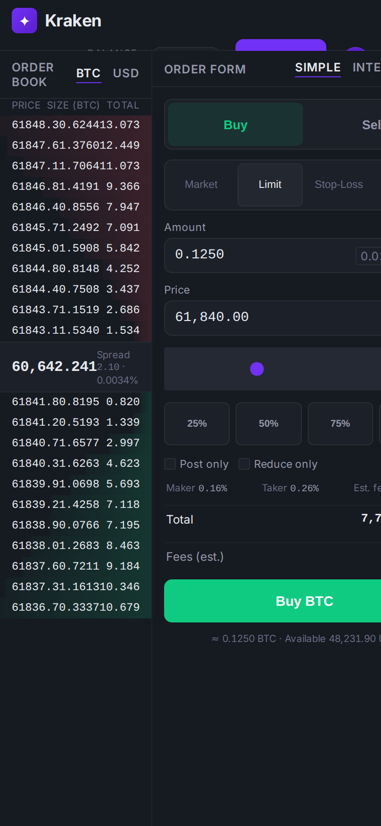 Kraken Pro trade interface (desktop-intent) (mobile)