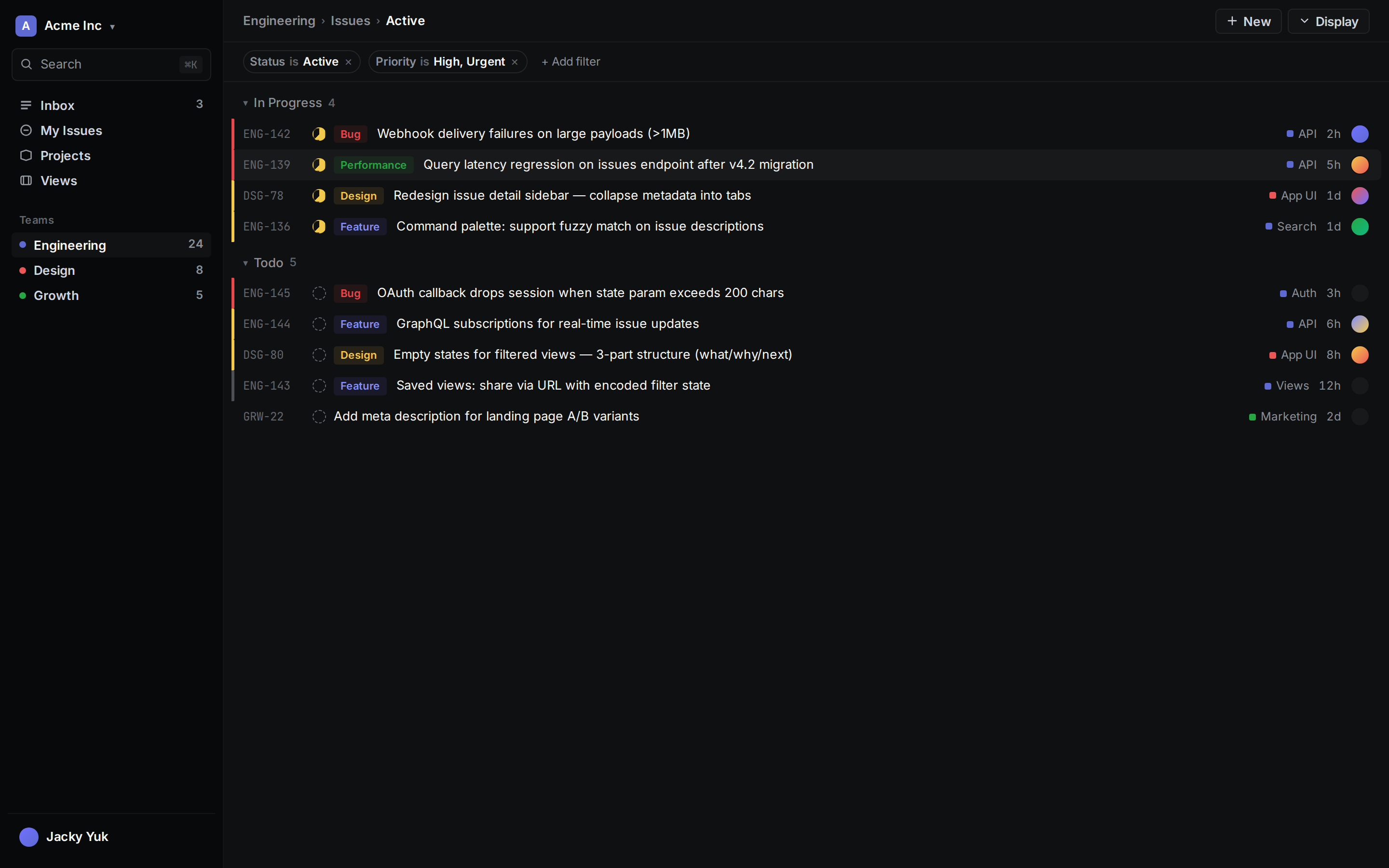 Linear Issue list (sidebar + grouped rows + filters) (desktop)