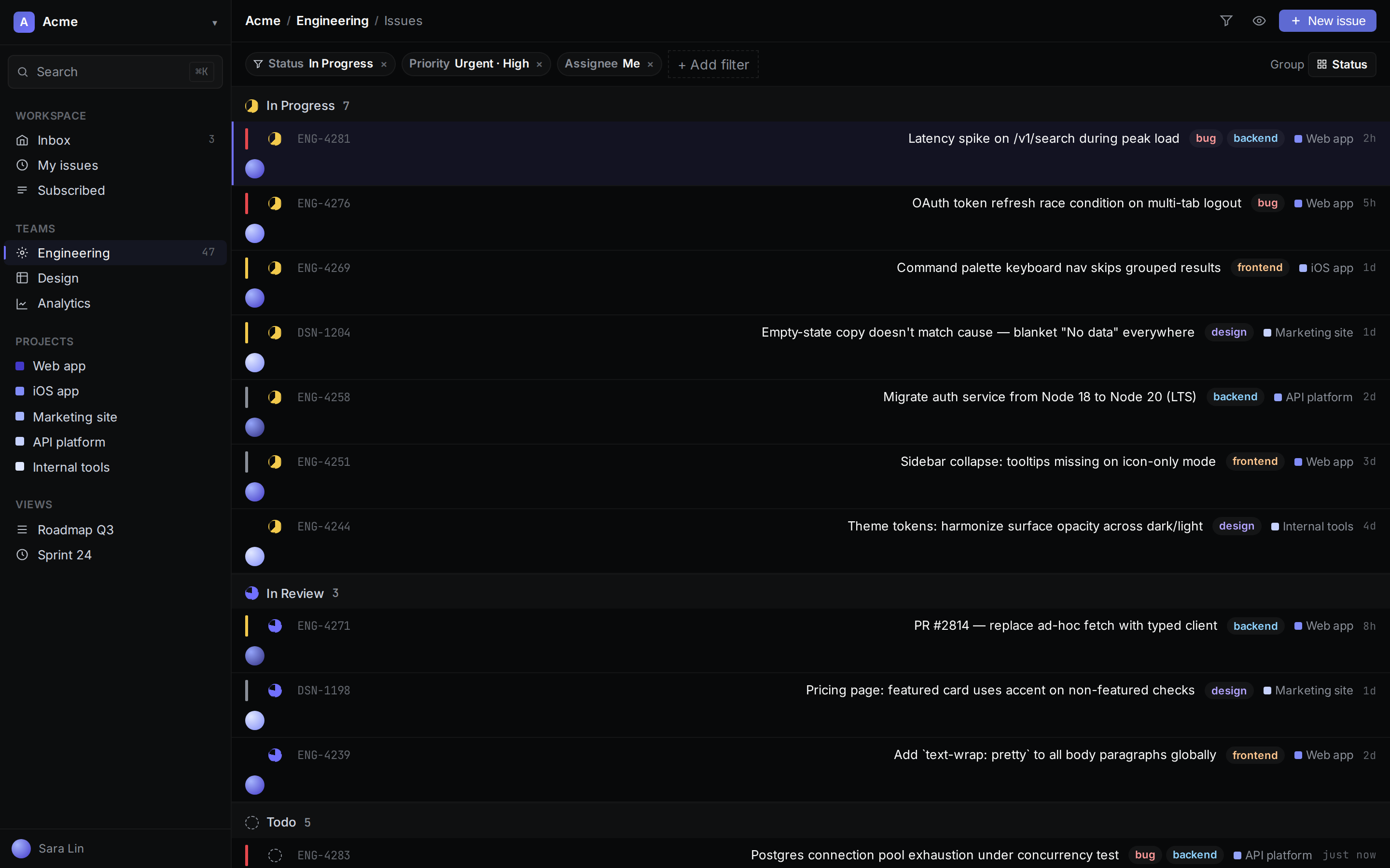 Linear Issue list (gym clone) (desktop)