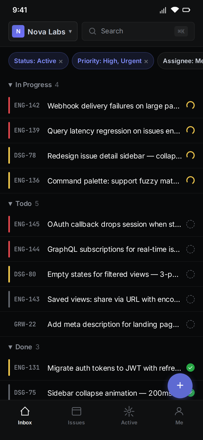 Linear (Mobile) Issue list — mobile-first rebuild (mobile)