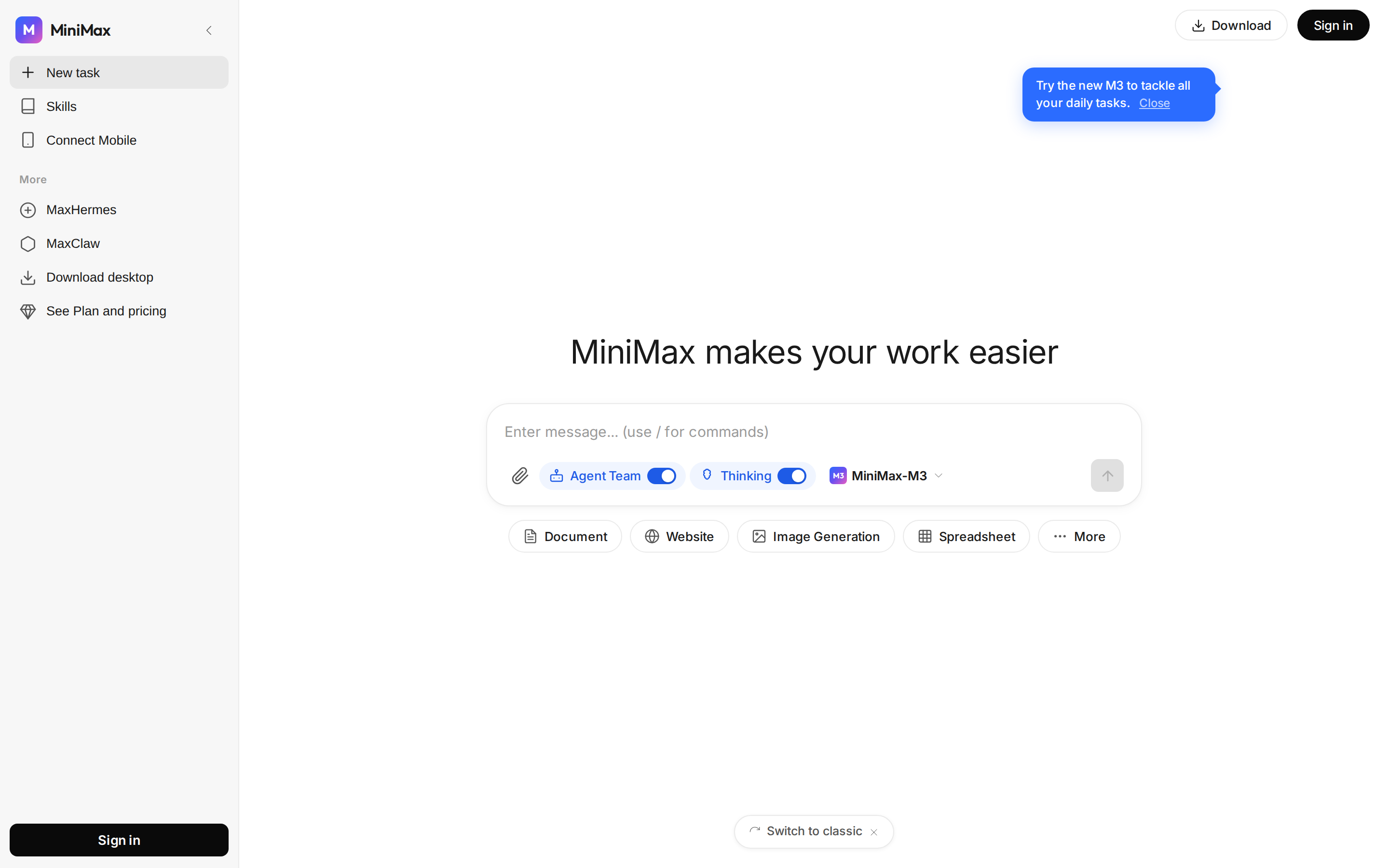 Minimax AI chat/playground interface (desktop)