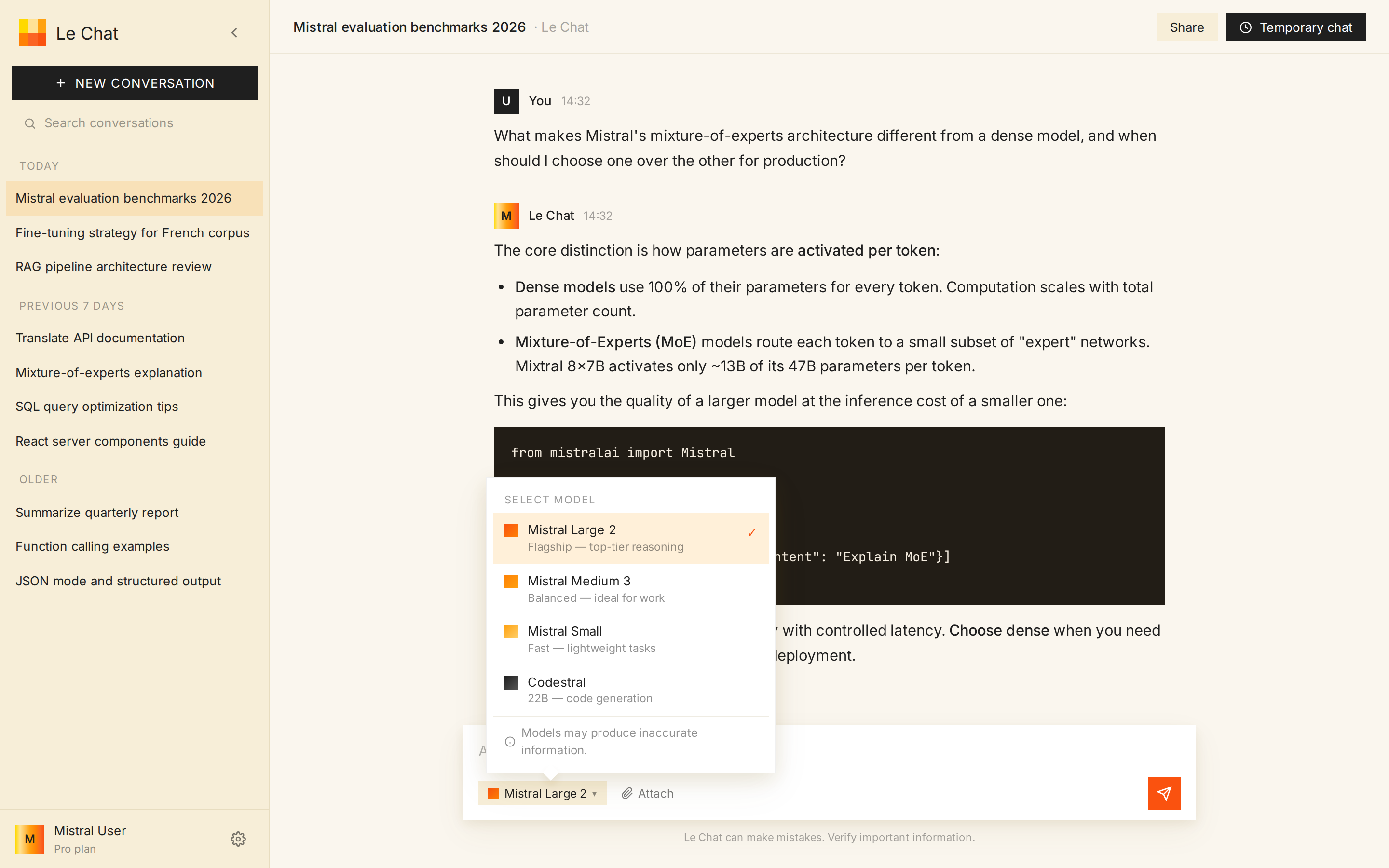 Mistral.ai Le Chat AI playground (desktop)