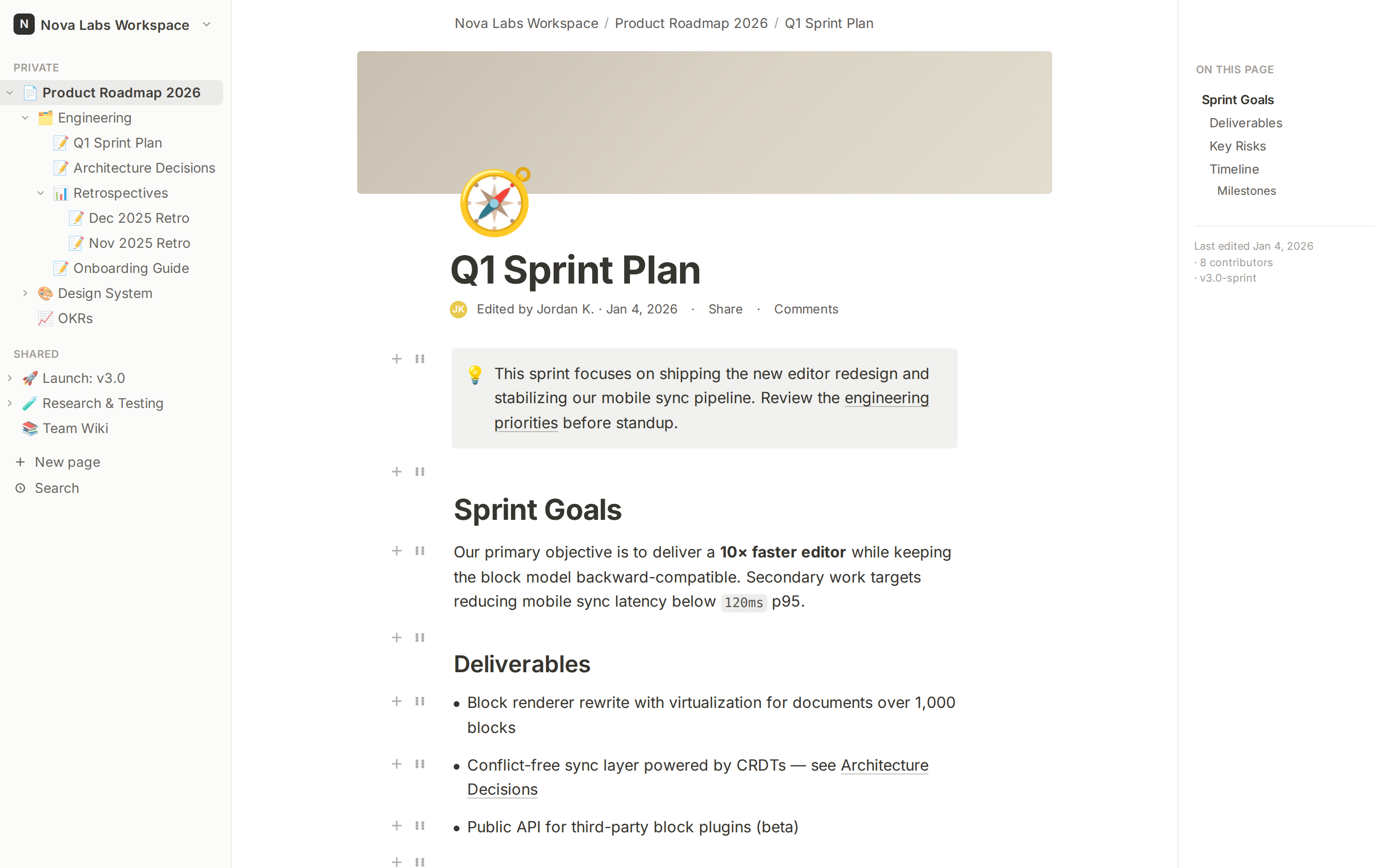 Notion Editor + sidebar with blocks (desktop)