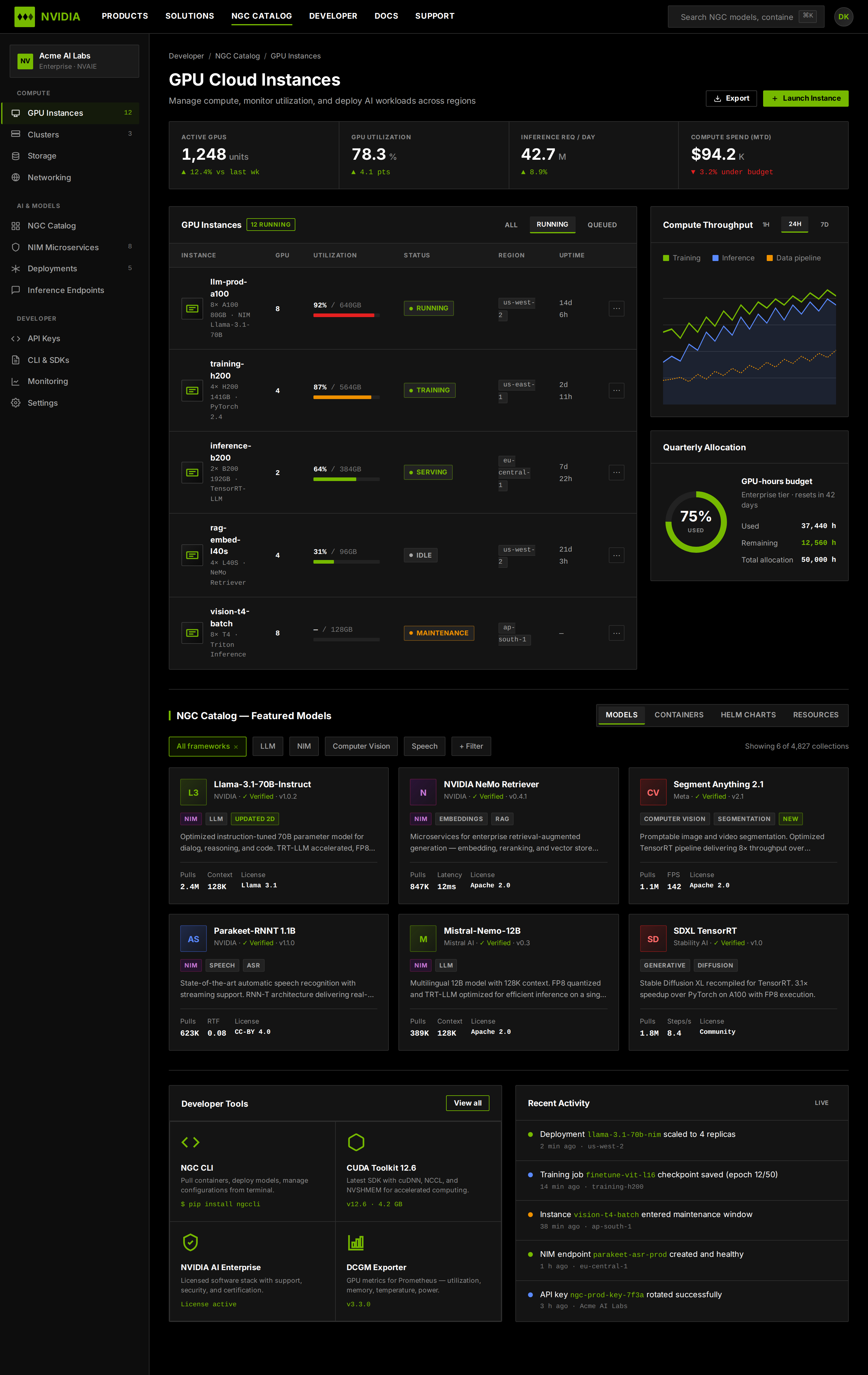 NVIDIA Developer dashboard (NGC/GPU cloud) (desktop)