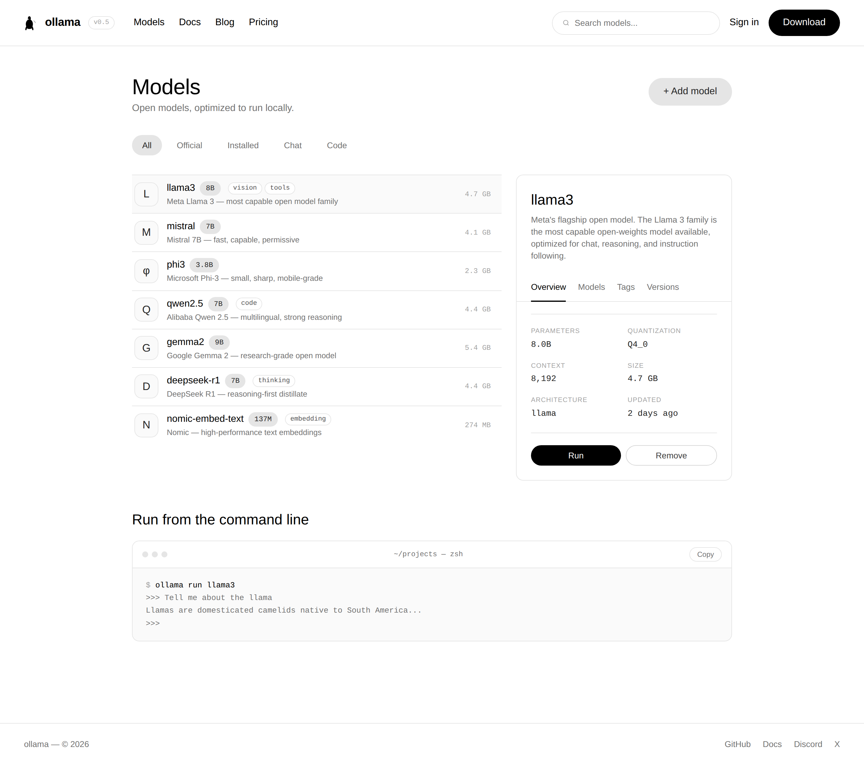 Ollama Model library (local LLM management) (desktop)