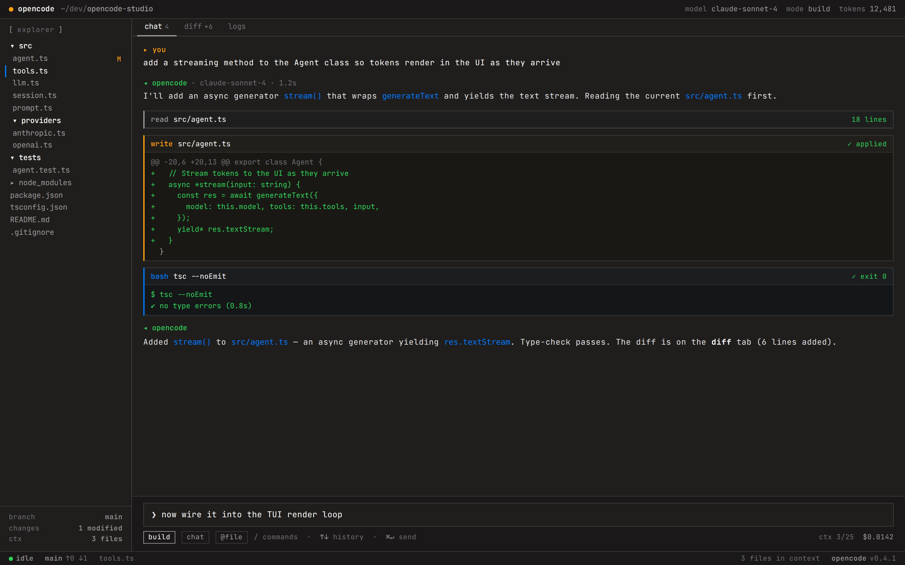 OpenCode.ai AI coding TUI (chat + diff + tools) (desktop)