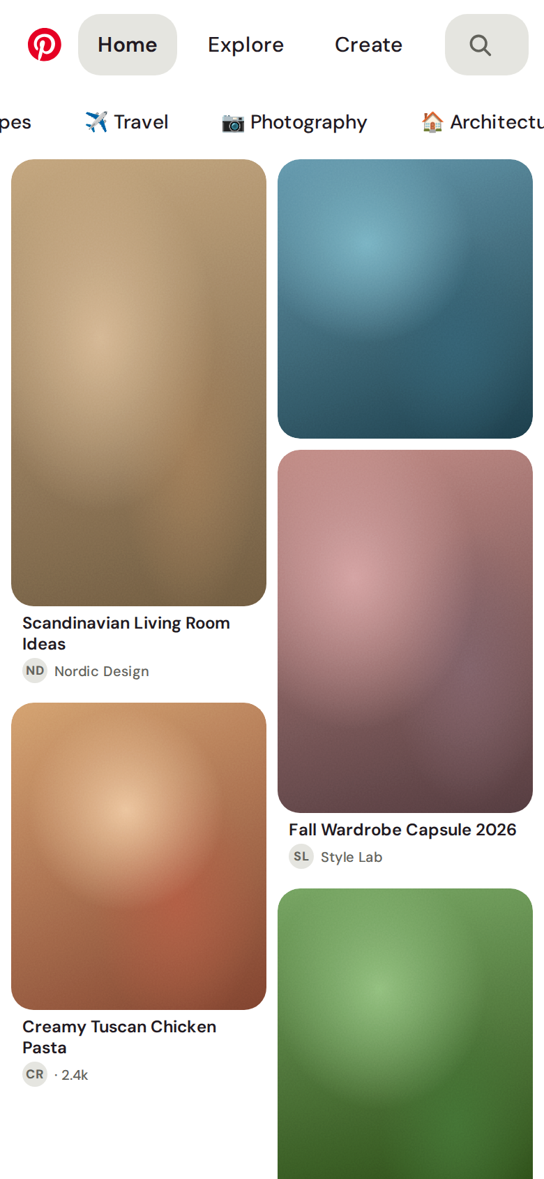 Pinterest Home feed masonry grid (mobile-aware) (mobile)