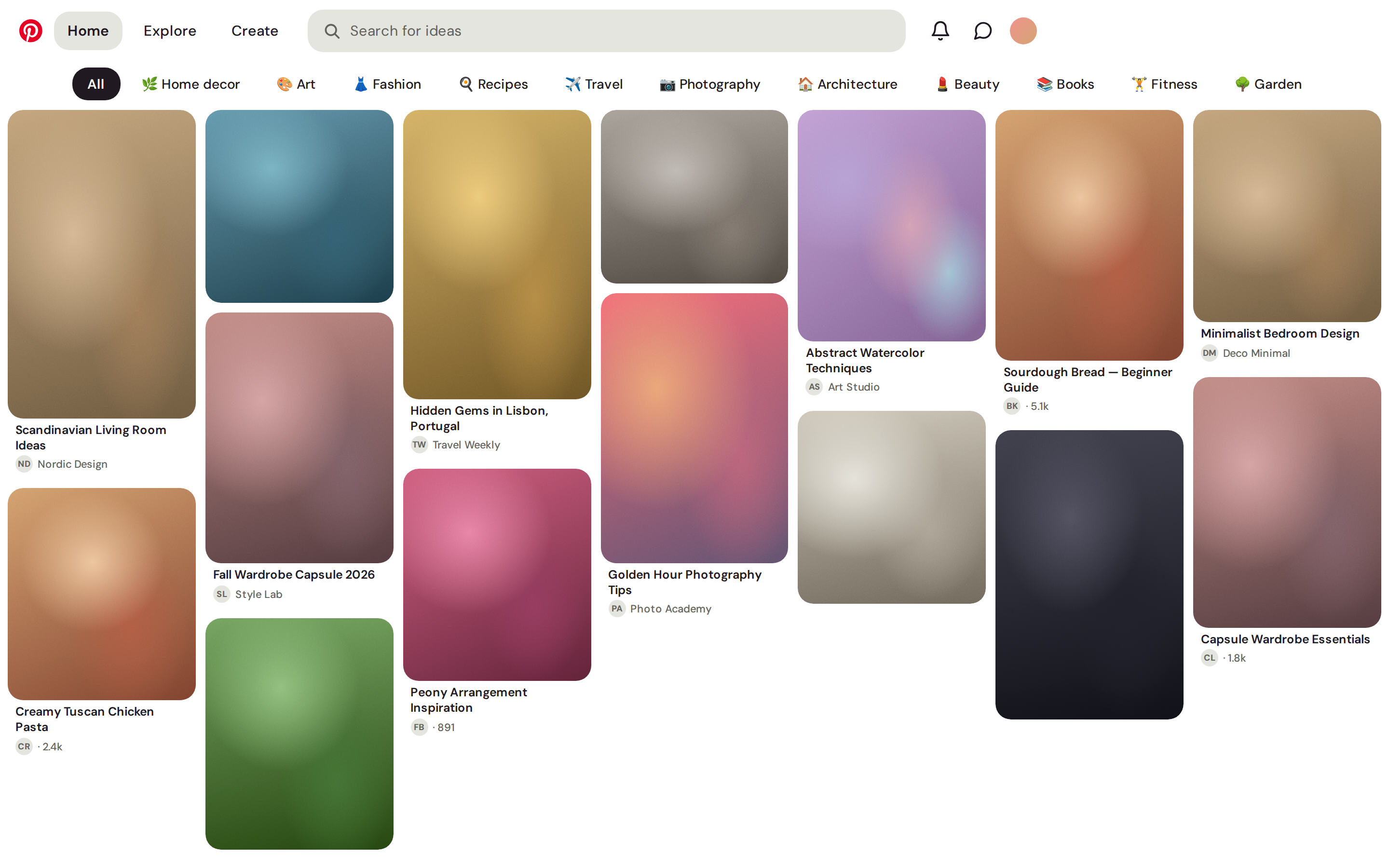 Pinterest Home feed masonry grid (mobile-aware) (desktop)