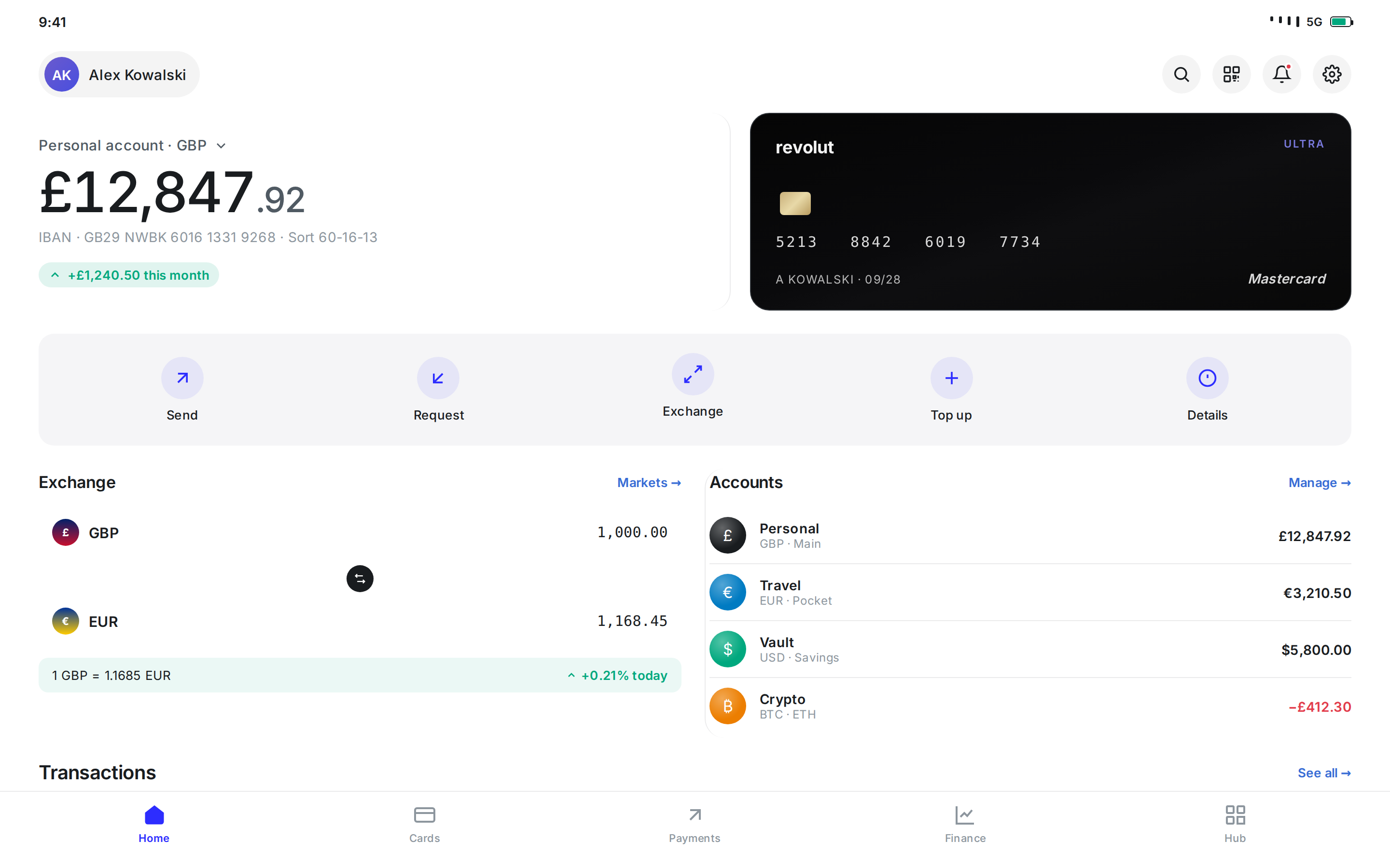 Revolut App main screen (balance + cards + transactions) (desktop)