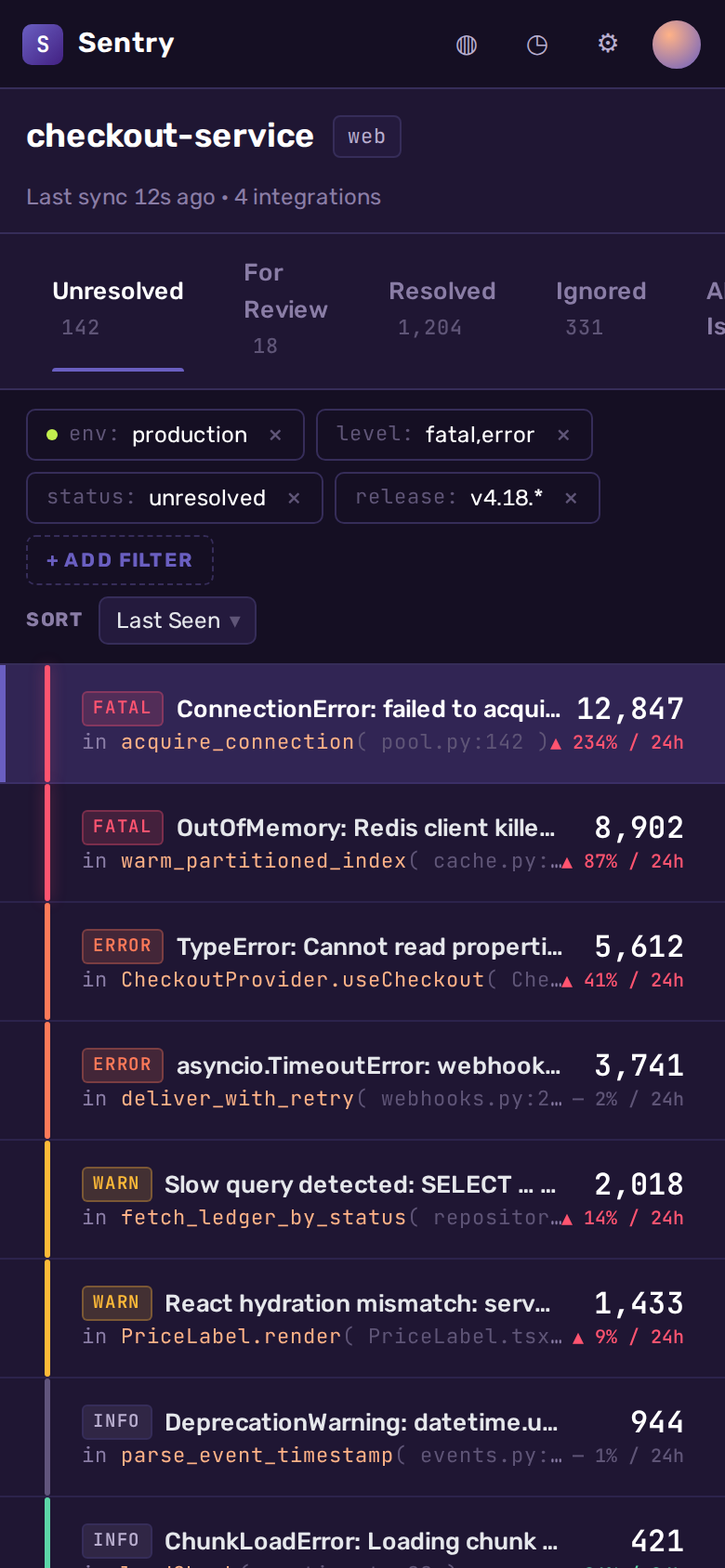 Sentry Issue stream (issue list) (mobile)