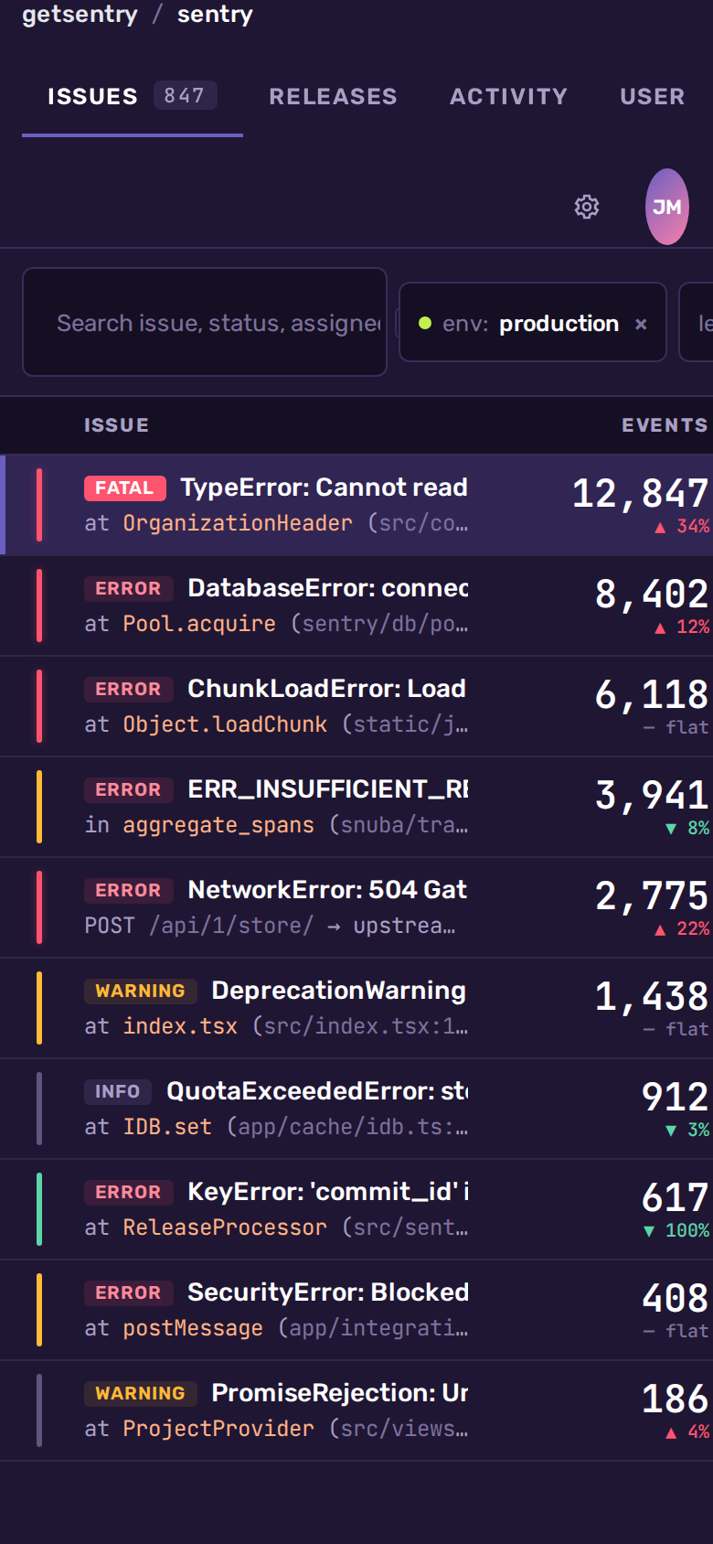 Sentry Issue stream (desktop-intent) (mobile)