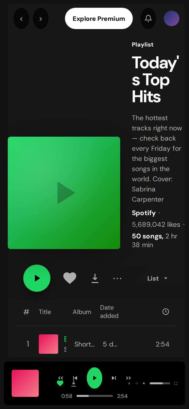 Spotify Now-playing + playlist sidebar (mobile-aware) (mobile)