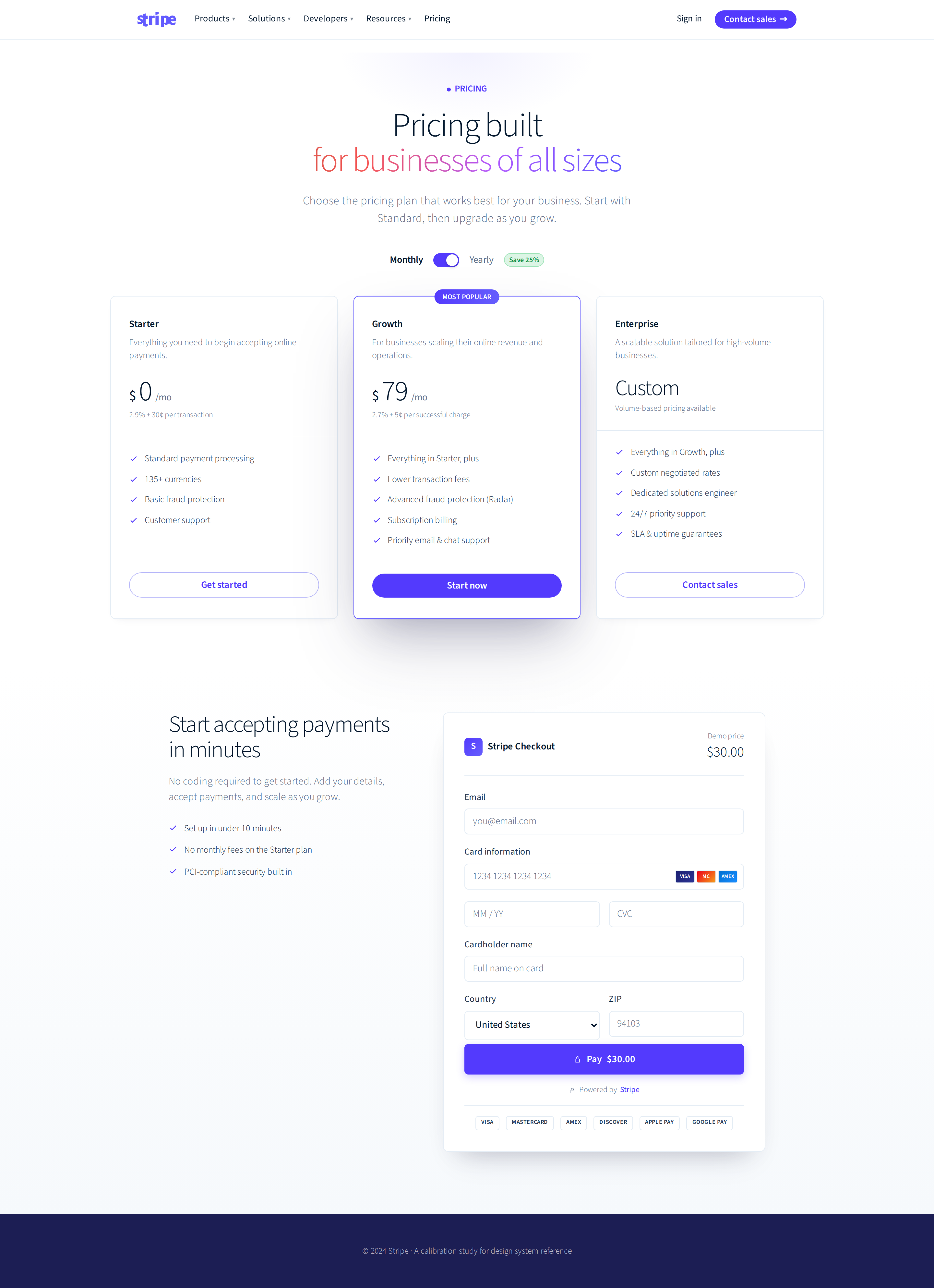 Stripe Pricing + payment form (mobile-aware) (desktop)