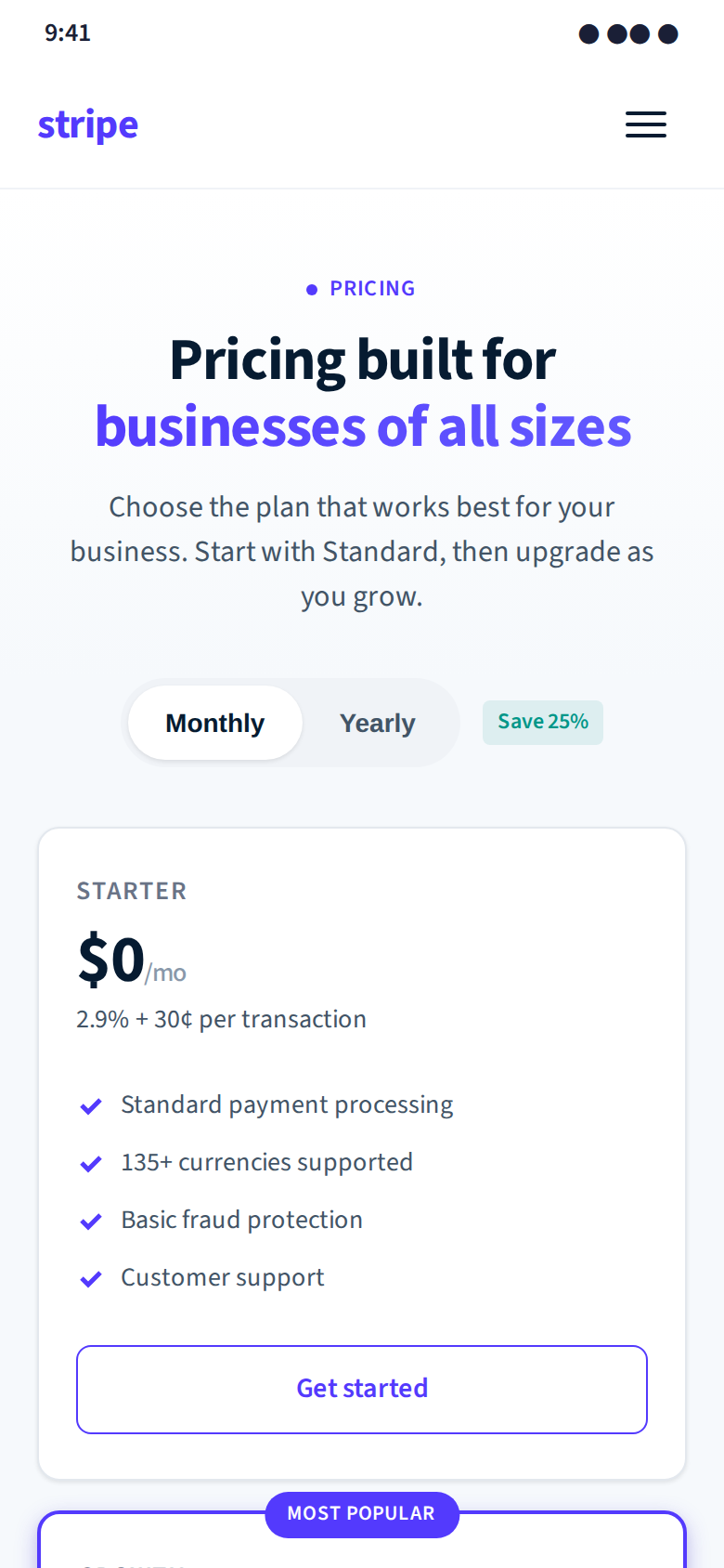Stripe (Mobile) Pricing + payment form — mobile-first rebuild (mobile)