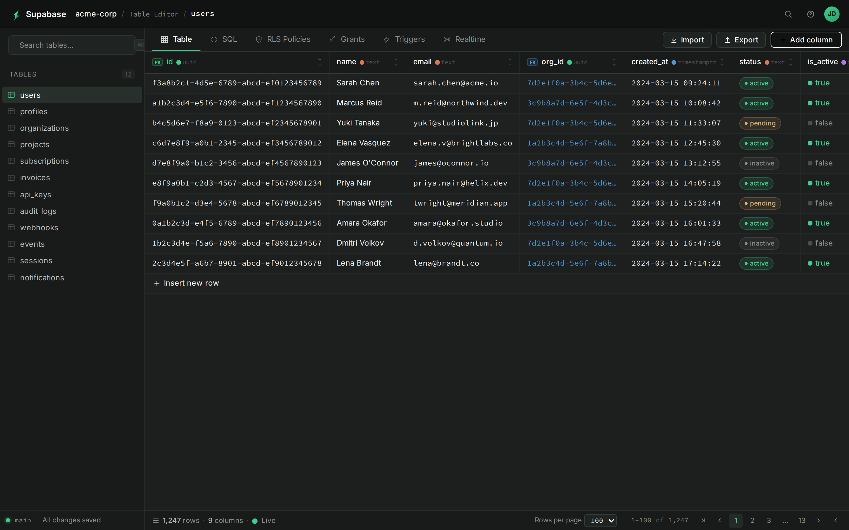 Supabase Database table editor