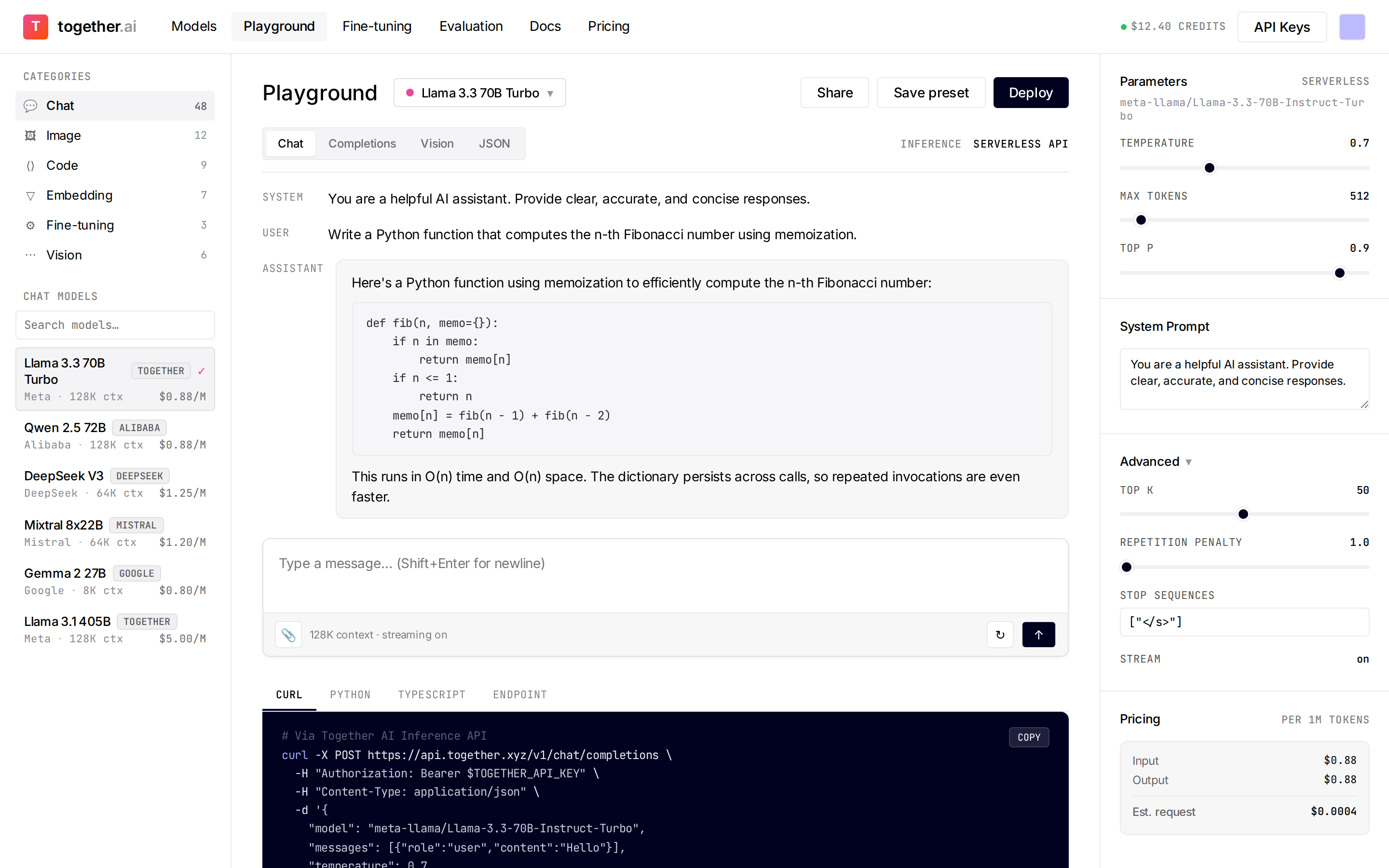 Together.ai Model playground (inference + API) (desktop)