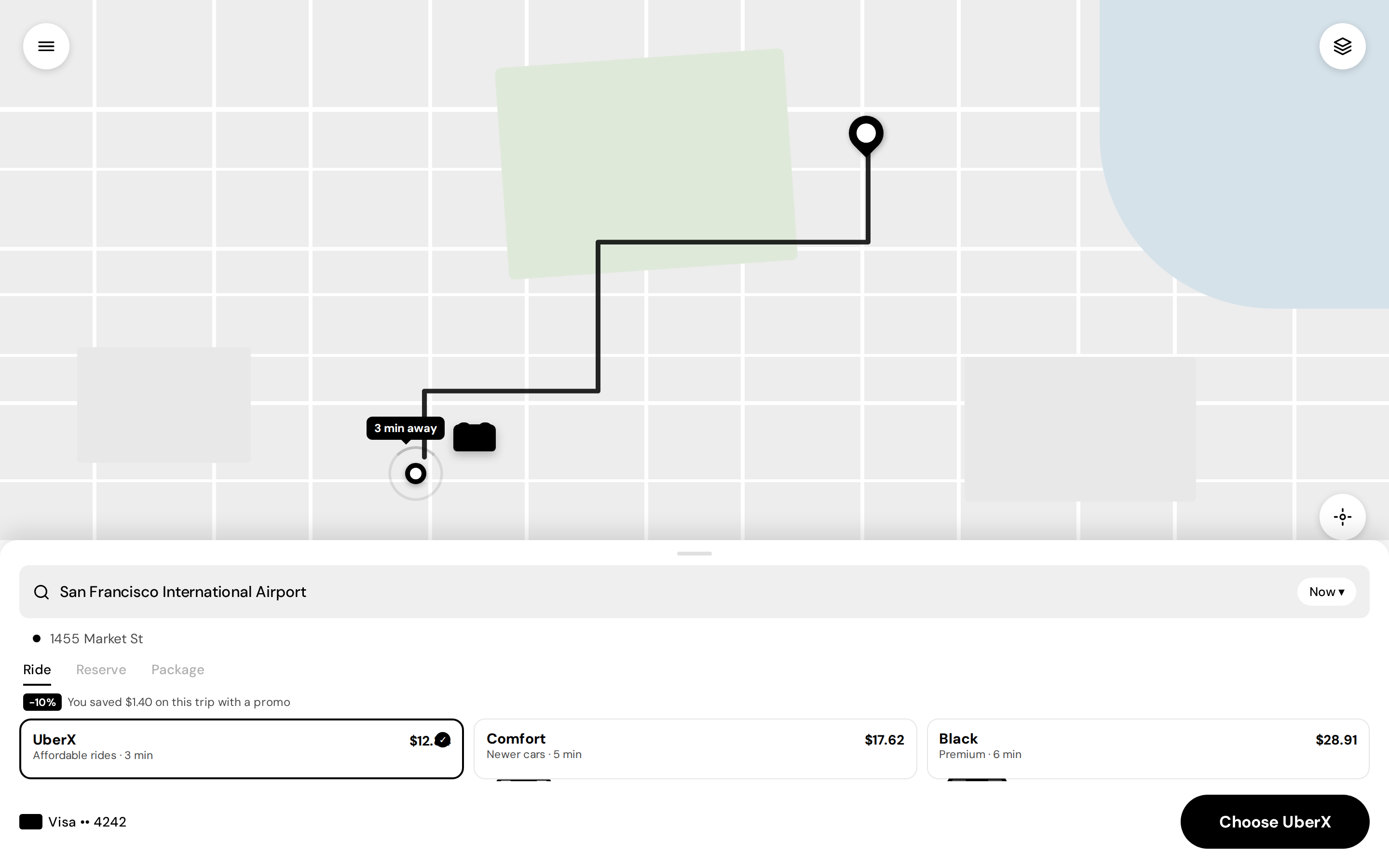 Uber Ride-hailing app (map + bottom sheet) (desktop)
