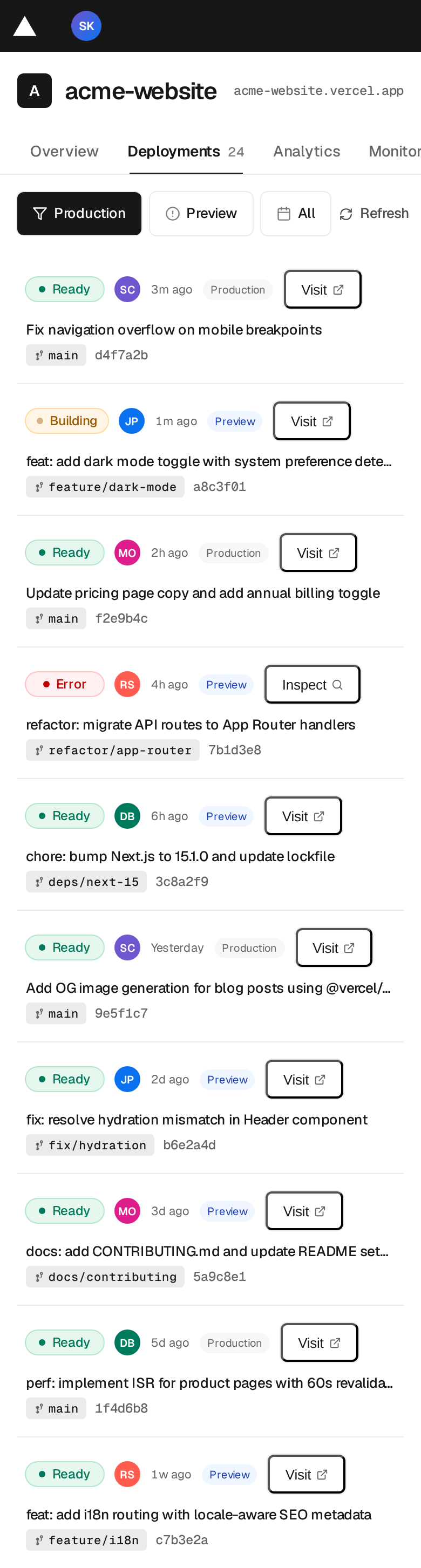 Vercel Project dashboard / deployment list (re-clone 2026-08-03) (mobile)