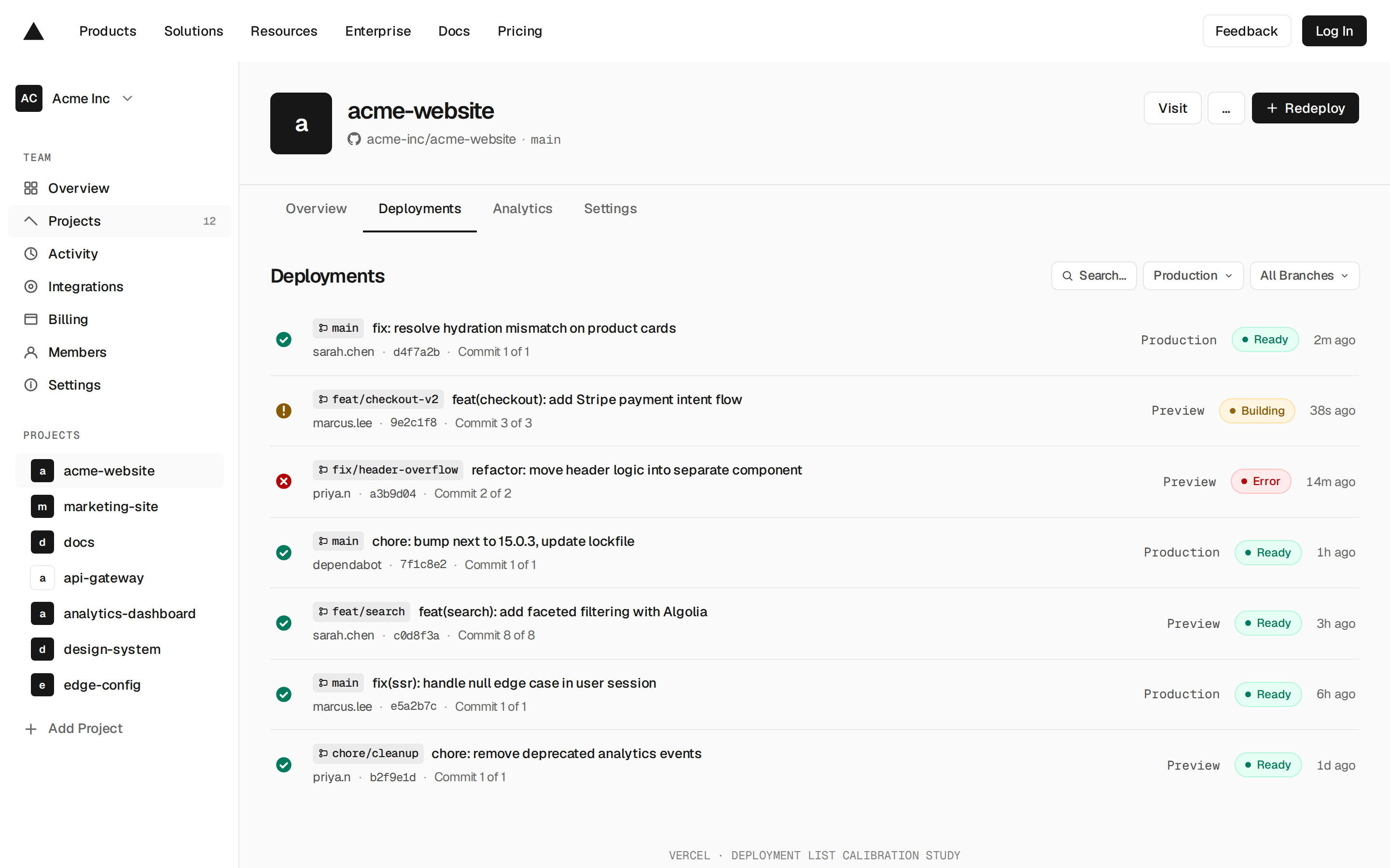 Vercel Deployment list / project dashboard (desktop)