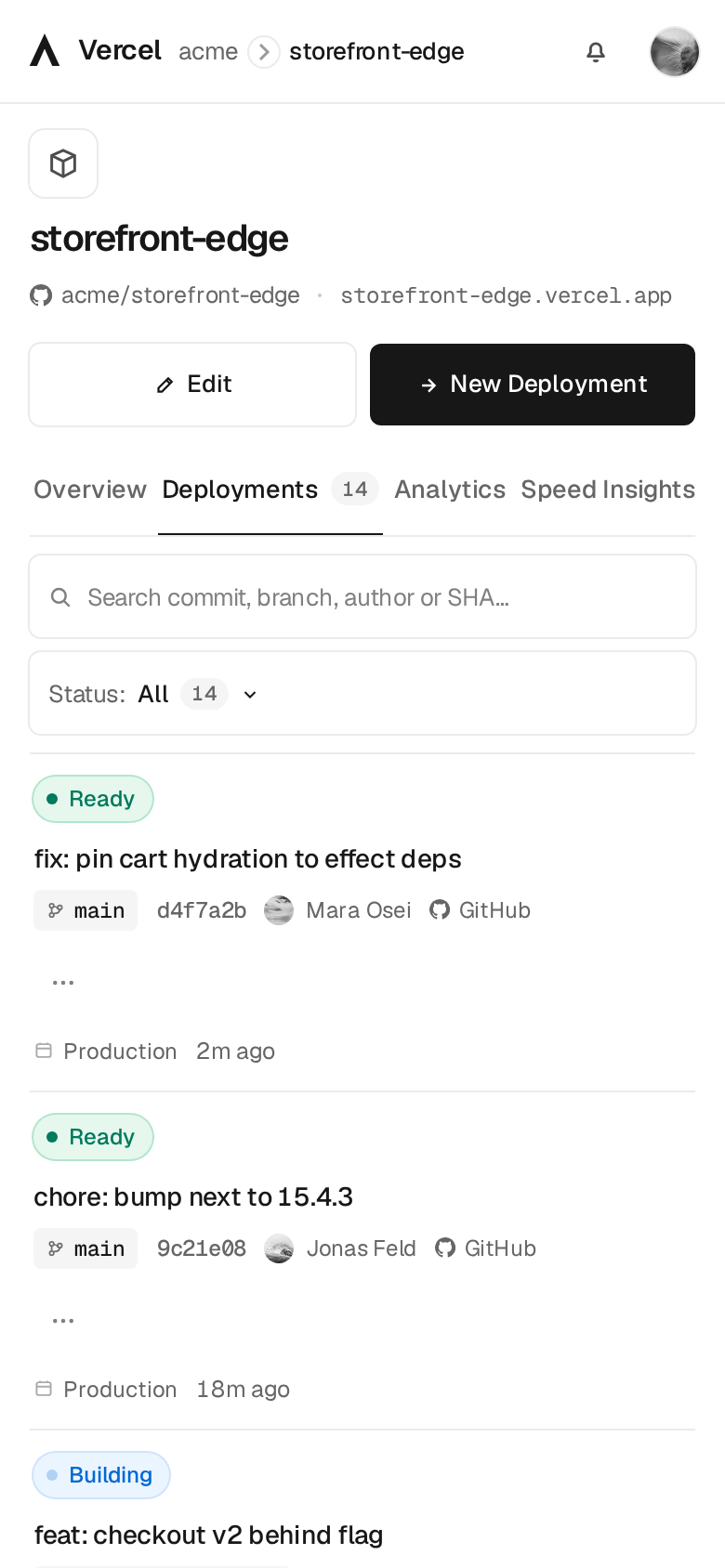 Vercel Deployments clone (gym reference drill) (mobile)