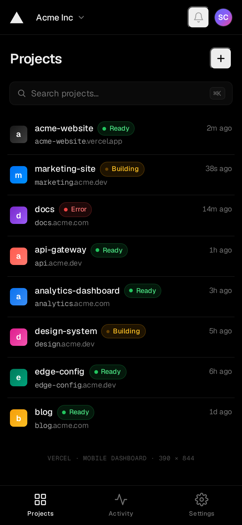 Vercel (Mobile) Deployments dashboard — mobile-first rebuild (desktop)