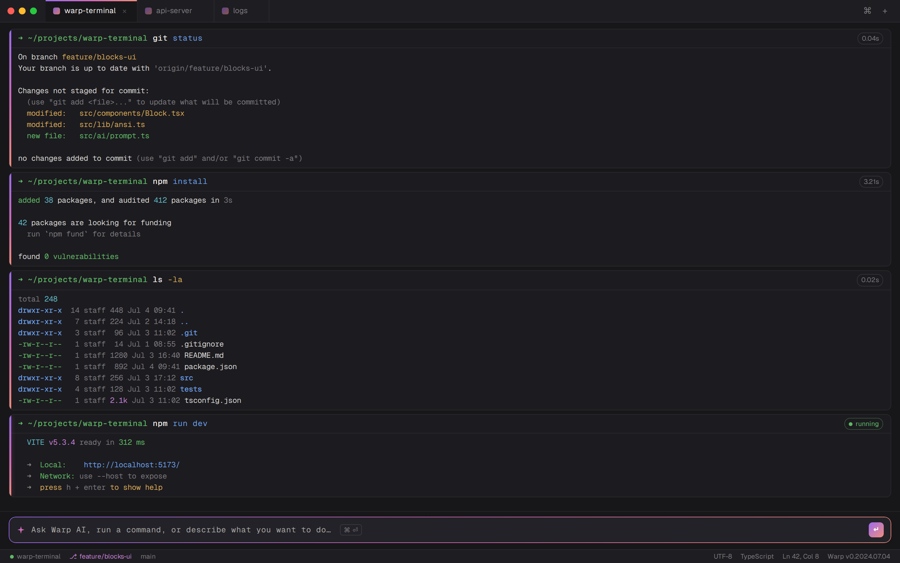 Warp Terminal (block-based UI) (desktop)