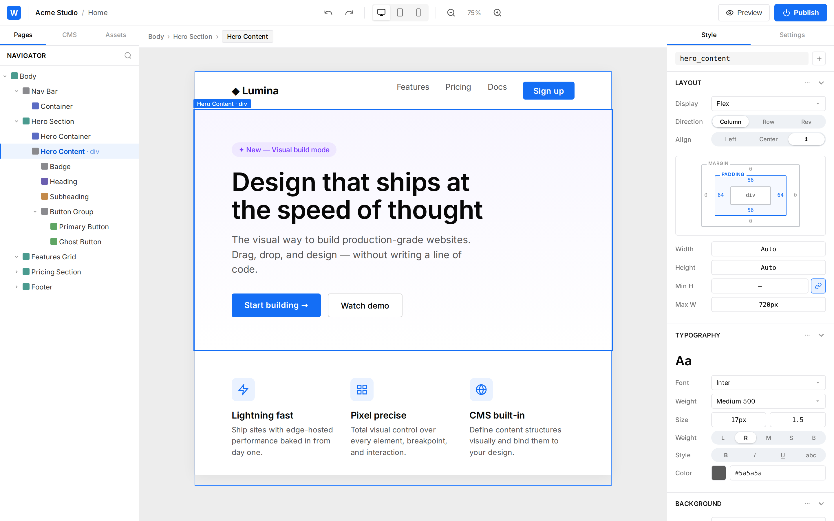 Webflow Designer editor (desktop)