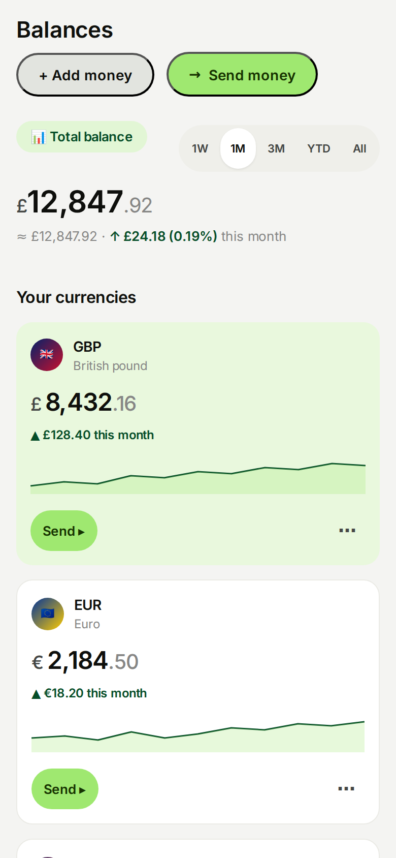 Wise Multi-currency dashboard (mobile)