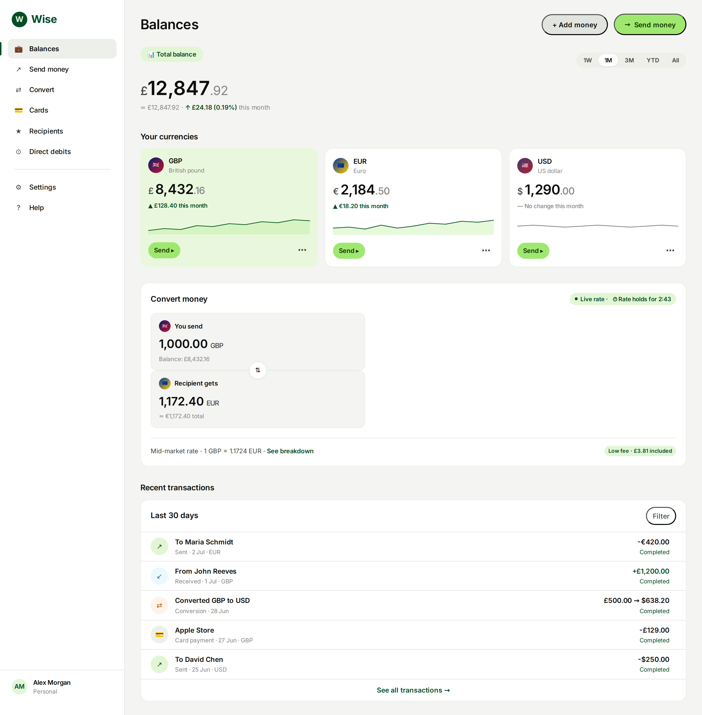 Wise Multi-currency dashboard (desktop)