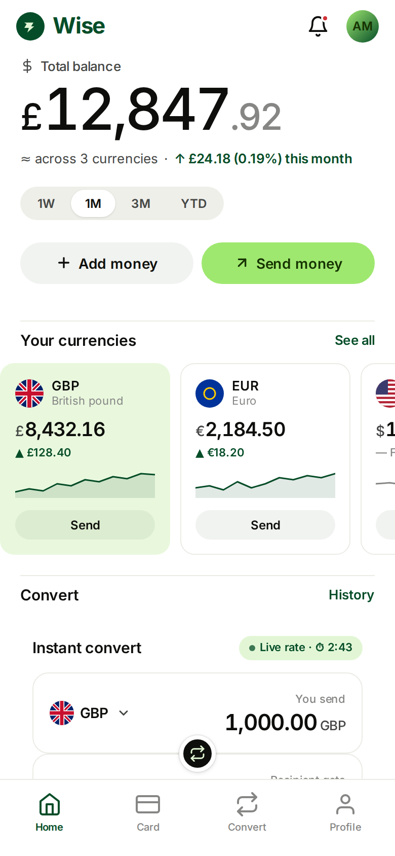 Wise (Mobile) Multi-currency dashboard — mobile-first rebuild (vertical convert, 57px balance) (desktop)