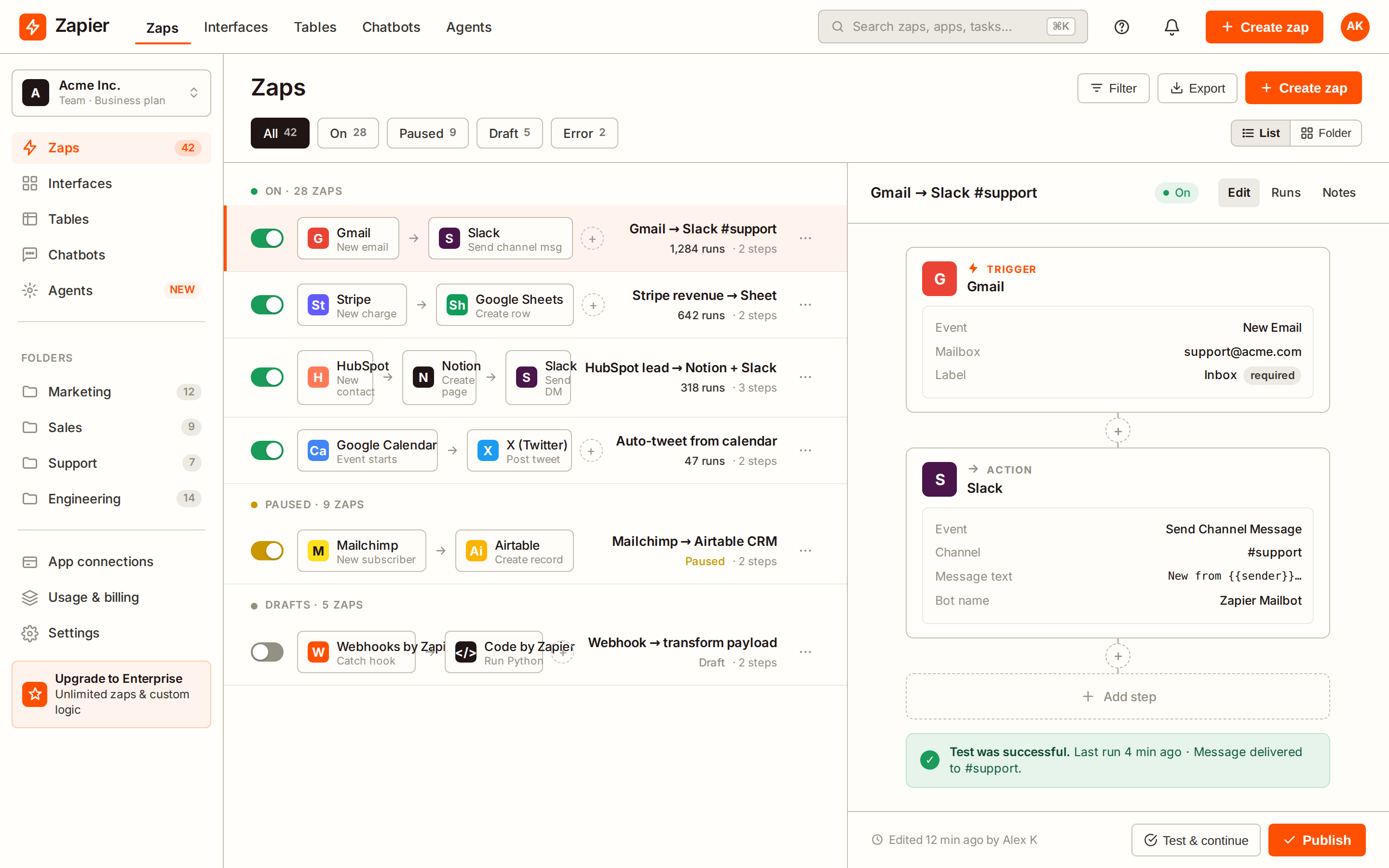 Zapier Automation dashboard (desktop)